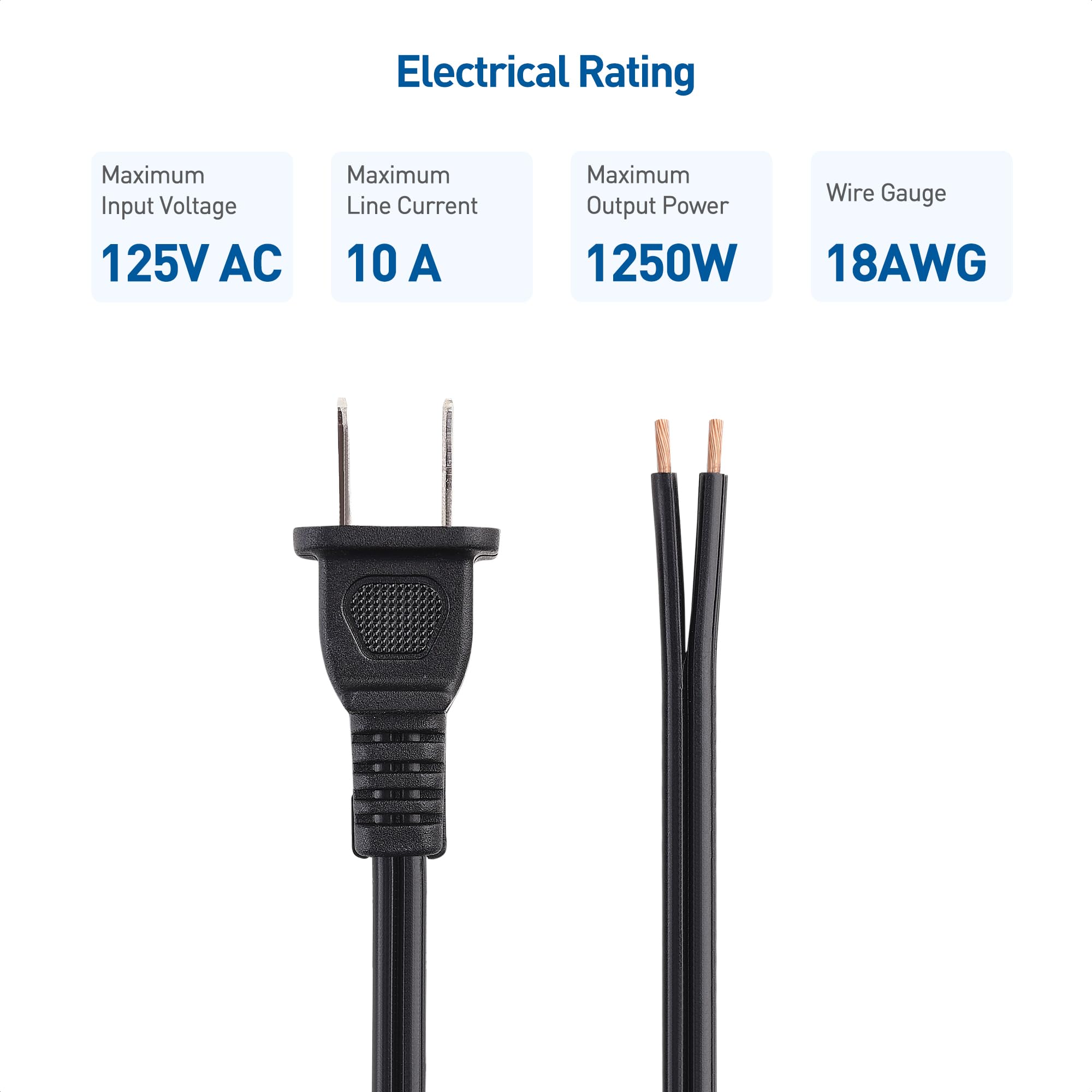 Cable Matters 2 Pack Polarized 18Awg 2 Prong Replacement Cord Lamp Wire 8 Ft   10A, Nema 1 15P To 2 Wire For Lamp Cord Replaceme