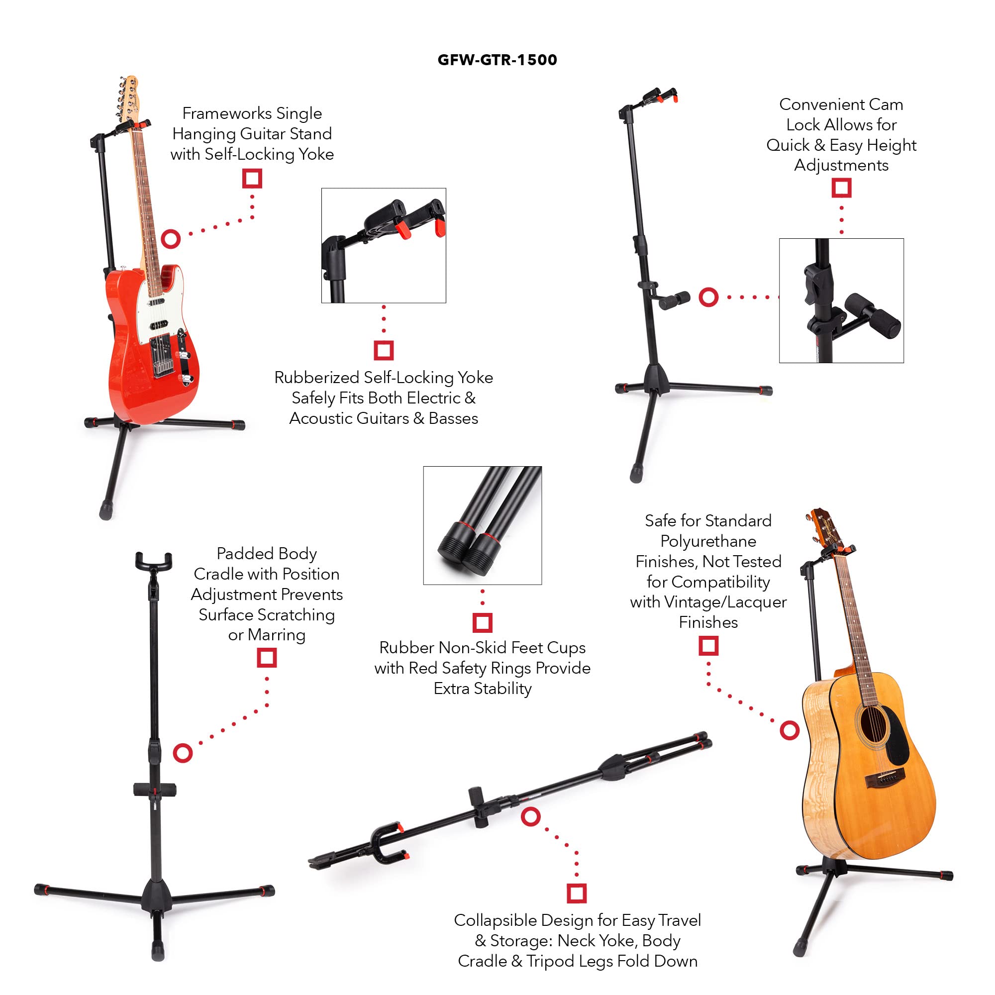 Gator Frameworks Single Hanging Stands With Self Locking Yoke Fits Most Electric, Acoustic, And Bass Guitars (Gfw Gtr 1500)