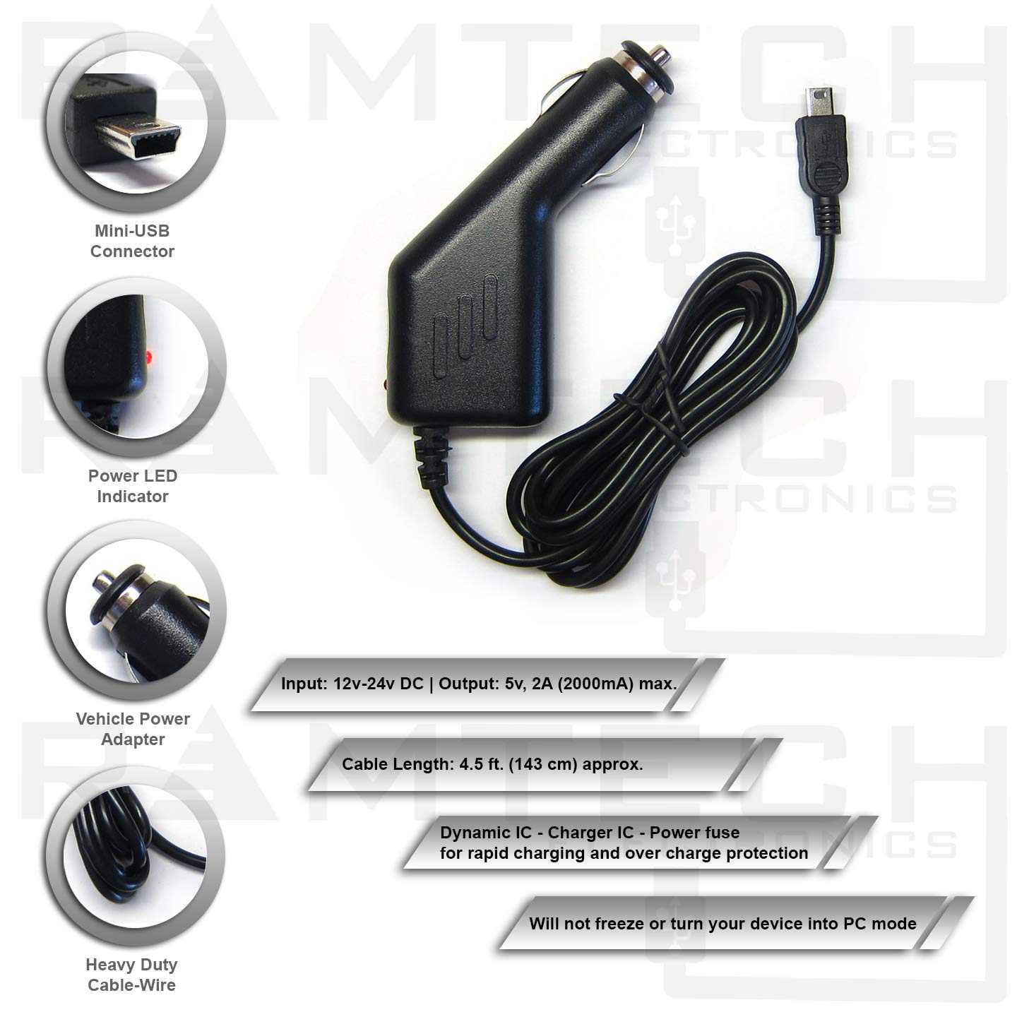 Ramtech Dc 12V 2A Universal Car Charger Power Adapter Cable Cord For Gps, Compatible With Magellan Roadmate 1200 1210 1212 1220