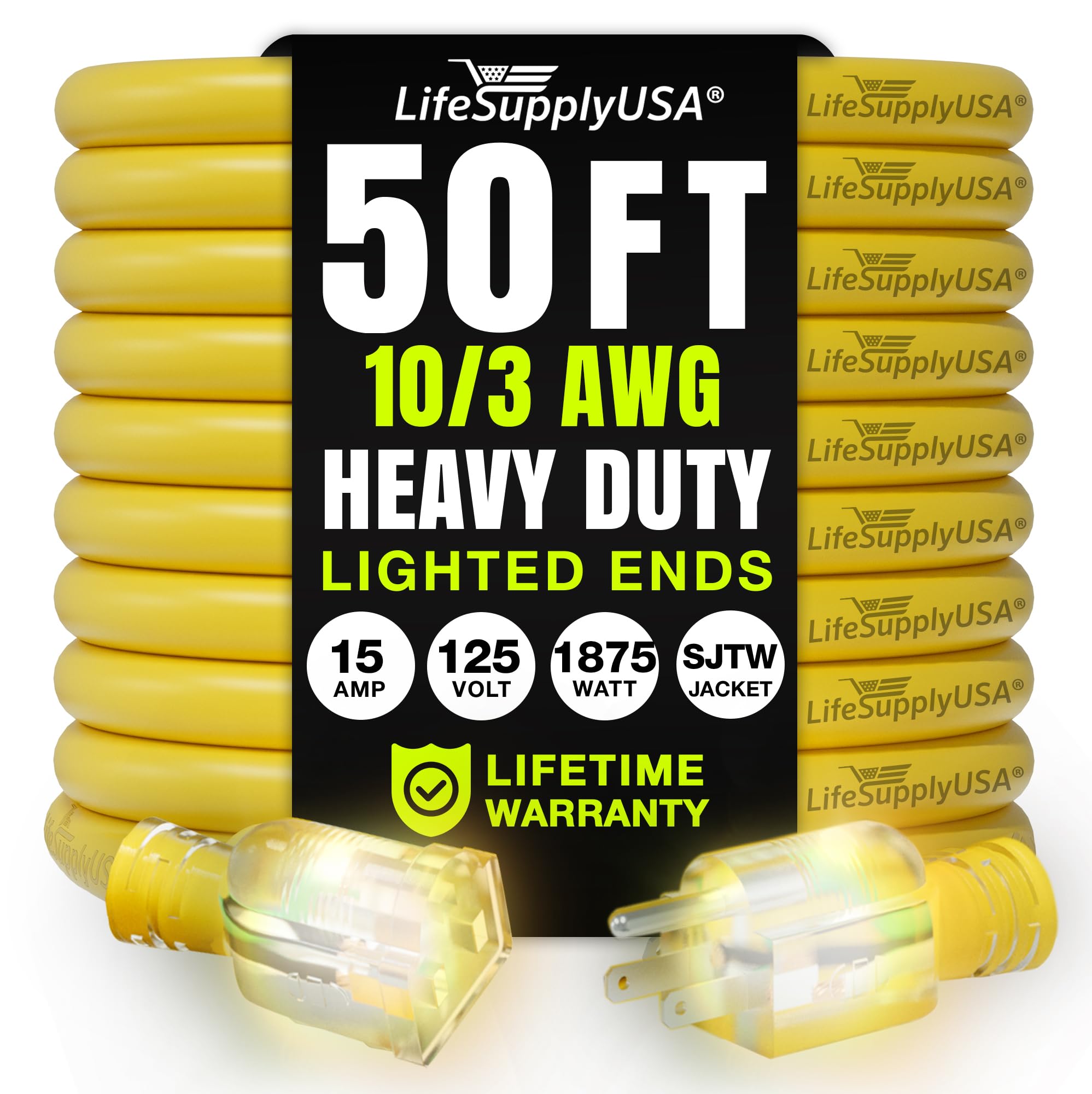 Lifesupplyusa 50Ft Outdoor/Indoor Extension Cord 10/3 Gauge Ultra Heavy Duty 3 Prong Sjtw, Waterproof, Flexible Cold Resistant L