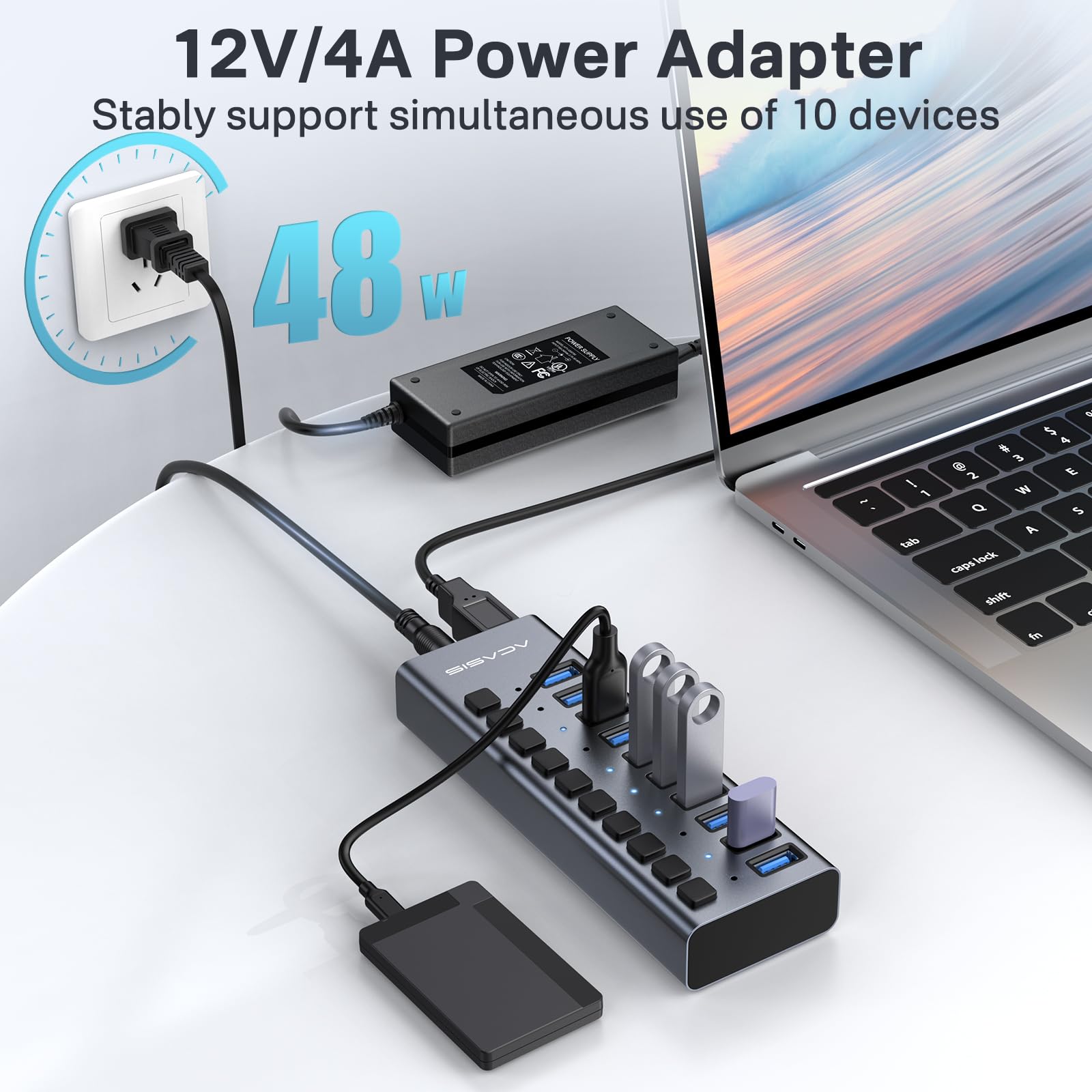 Acasis Powered Usb Hub,10 Ports Usb 3.1 Hub With 10Gbps Data Speed, Individual On/Off Switches, 12V4A 48W Power Adapter, Usb Hub 3.1 Powered For Macbook, Mac Pro/Mini, Surface Pro Laptop/Pc