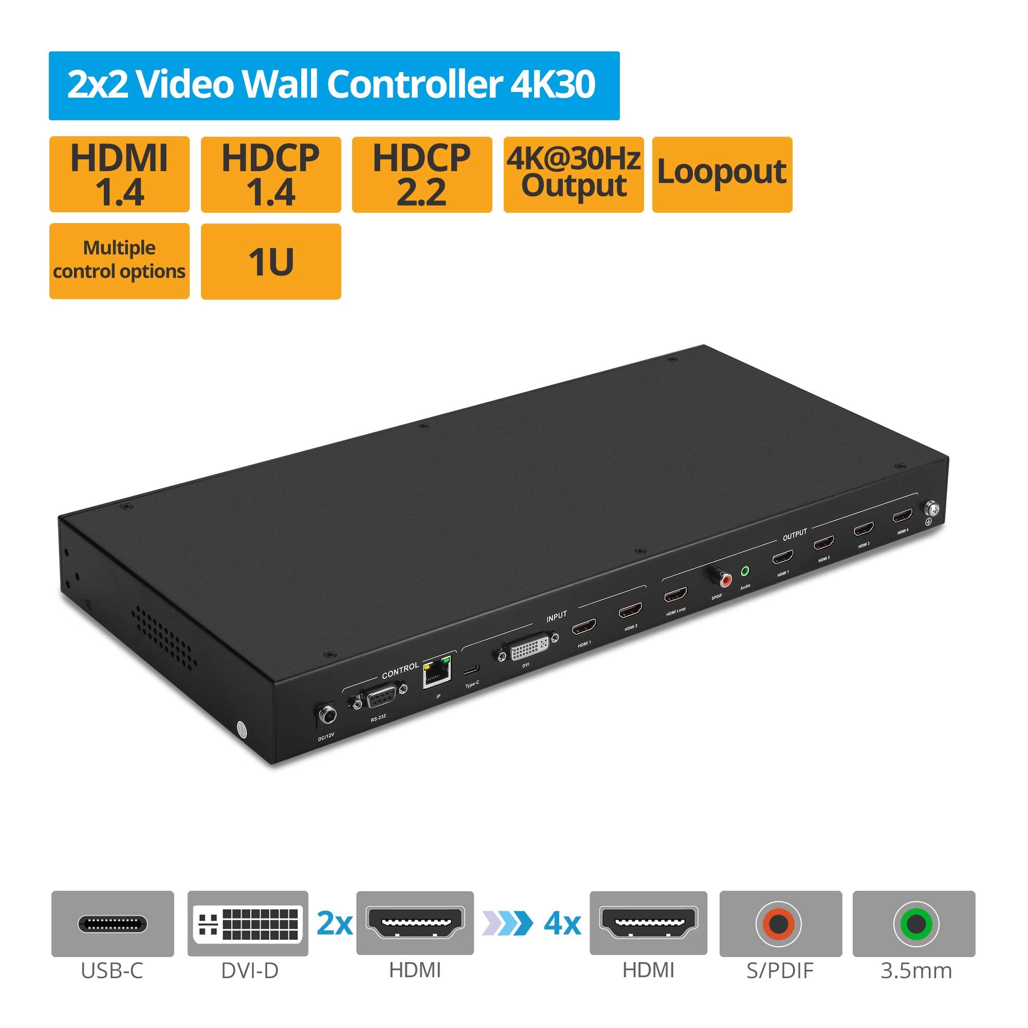 Gofanco 2X2 Video Wall Processor- Up To 4K 30Hz, Four Switchable Inputs, 9 Modes, Cascade-Able, Loopout, 180 Rotation, Edge Corr