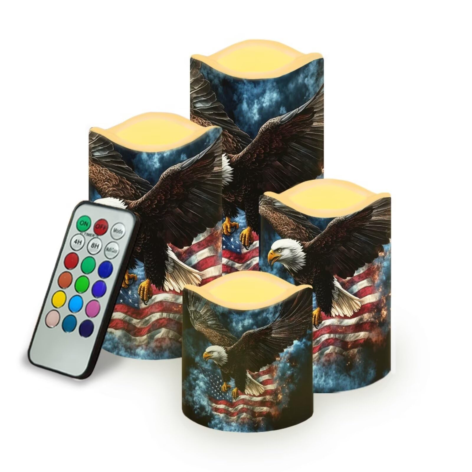 Uorisanigo USA Eagle Flag Plastic Flameless Candles with Remote Control and Timer LED Flickering Battery Operated Color Changing