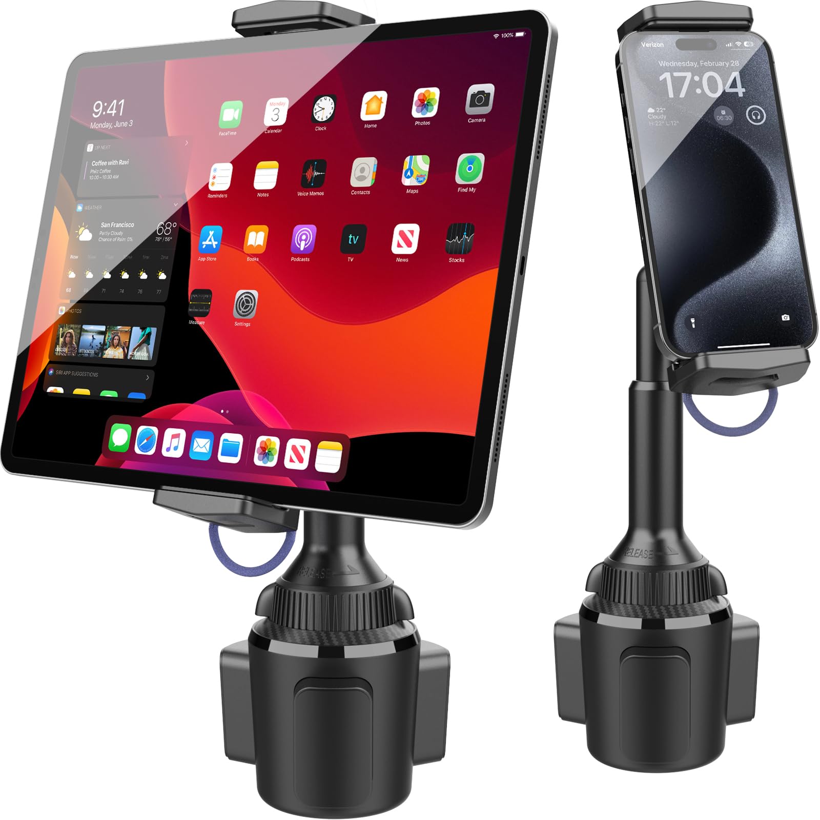 Apps2Car Solid Cup Holder Tablet Mount For Car, Adjustable Height Ipad Car Mount For Truck Low Profile Road Trip Essentials Compatible With 4.7 13' Ipad Pro Air Mini, Fire, Iphone, Cell Phone   Black
