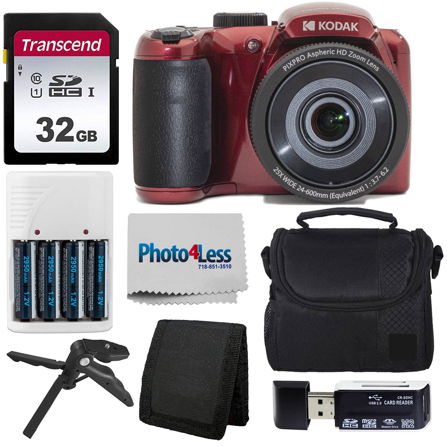 Kodak Pixpro Az255 Digital Camera (Red), Point & Shoot Camera Case, 32Gb Sd Memory Card, Rechargeable Batteries & Charger, Usb Card Reader, Table Tripod, Accessories
