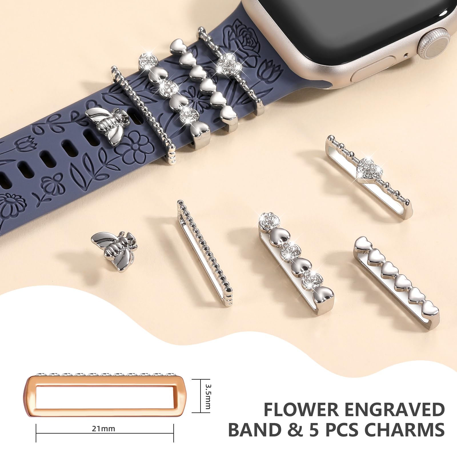 Daqin Flower Engraved Band Compatible With Apple Watch Bands 44Mm 42Mm 45Mm 46Mm For Women, Soft Silicone Band With Decorative A