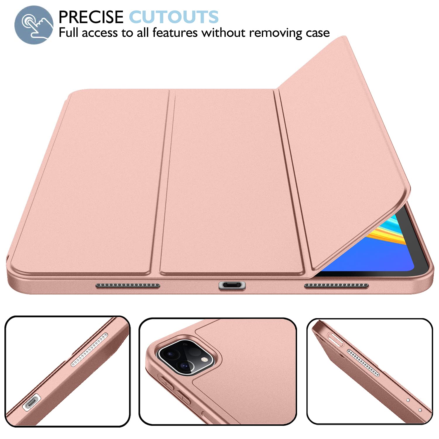 Imieet New Ipad Pro 12.9 Case 2022(6Th Gen)/2021(5Th Gen) With Pencil Holder [Support Ipad 2Nd Pencil Charging/Pair],Trifold Stand Smart Case With Soft Tpu Back,Auto Wake/Sleep(Rose Gold)