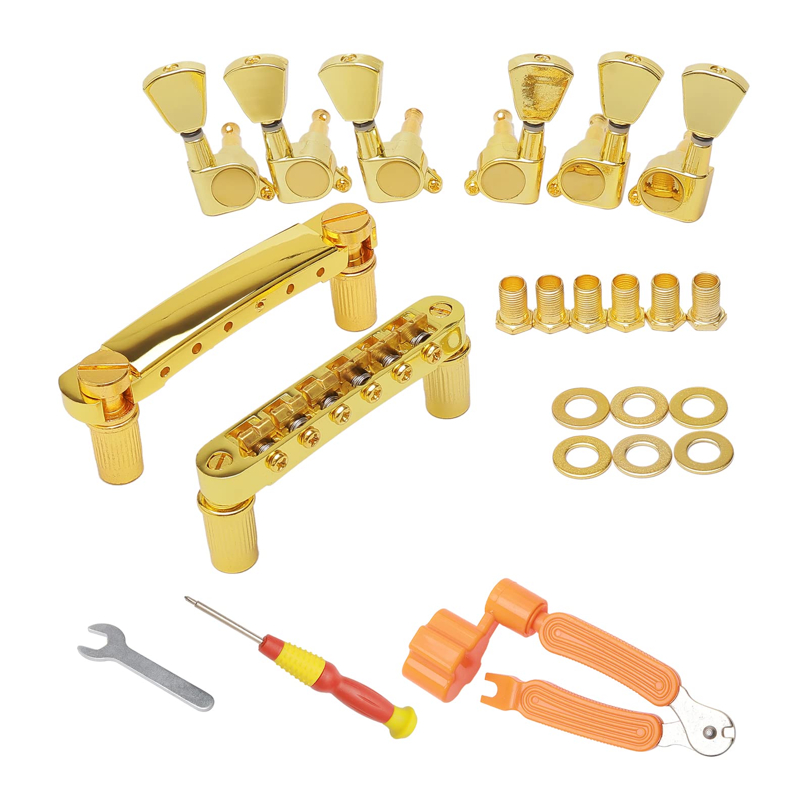 Unxuey Combo Kits Gold 6 String Guitar Saddle Bridge Tune O Matic Tailpiece And 3L3R Sealed Gear Tuning Pegs Keys Machine Head F