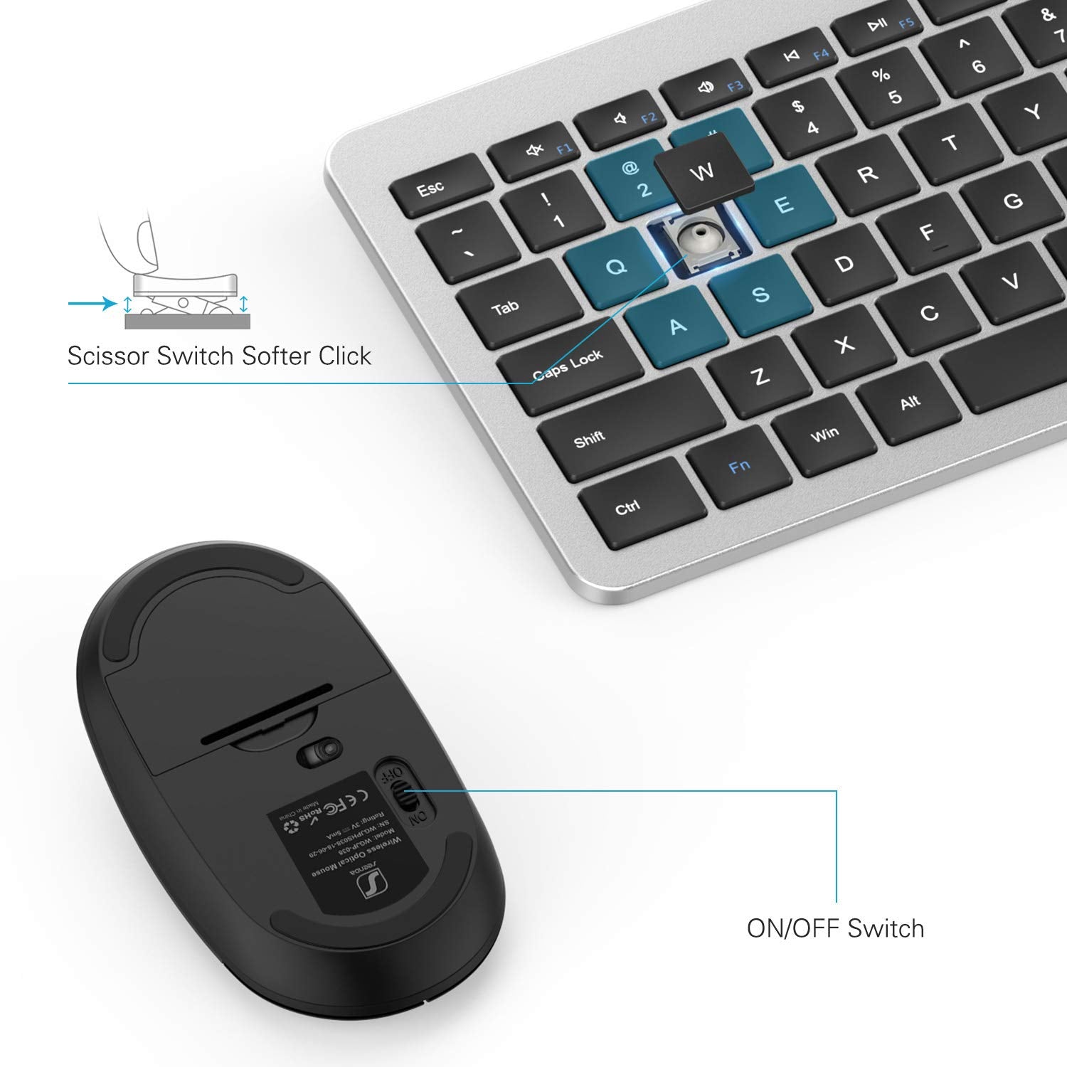 Wireless Keyboard And Mouse Combo   Seenda Full Size Slim Thin Wireless Keyboard Mouse With On/Off Switch On Both Keyboard And Mouse   (Black And Silver)