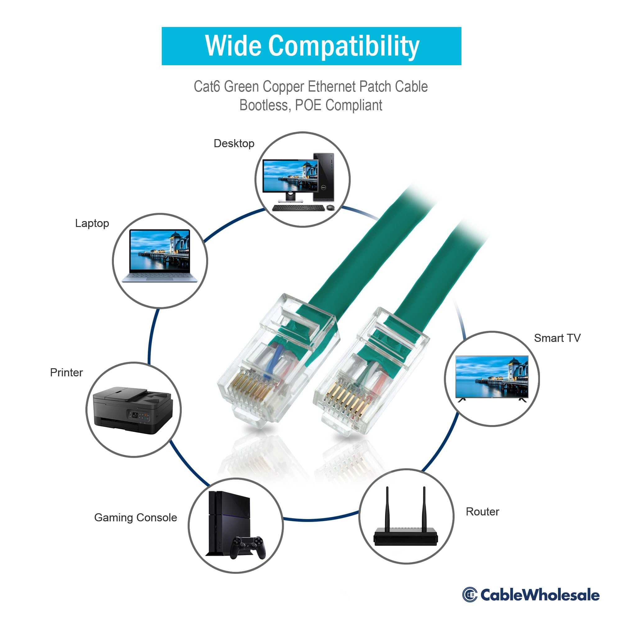 Cablewholesale 50 Foot Cat6 Green Ethernet Patch Cable, Bootless, 24Awg Network Cable With Rj45 Gold Plated Connector, 4 Pair St
