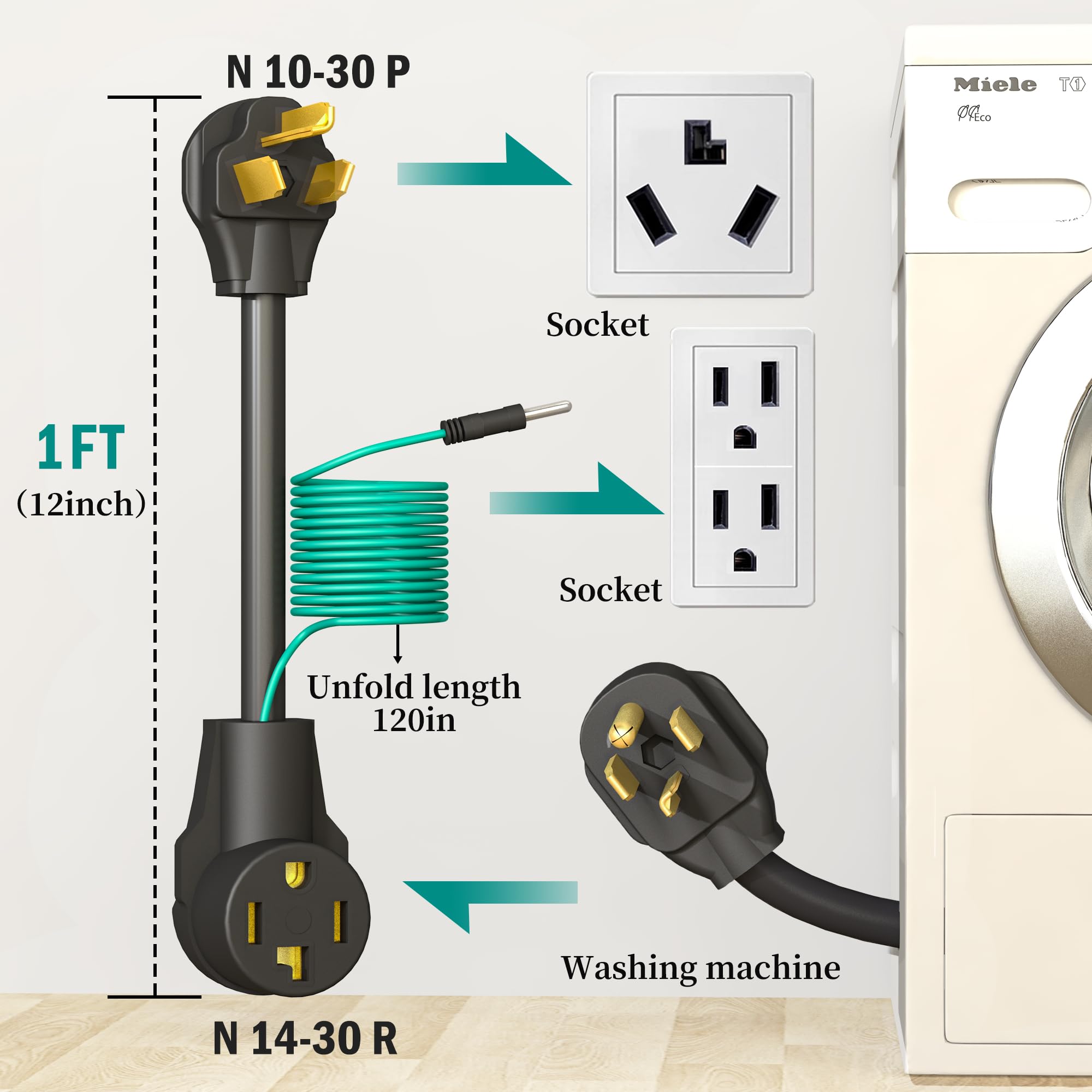 Strightinc 4 Prong To 3 Prong Dryer Plug Adapter With Green Ground Wire, Connects 4 Prong New Dryer Female To 3 Prong Old Dryer