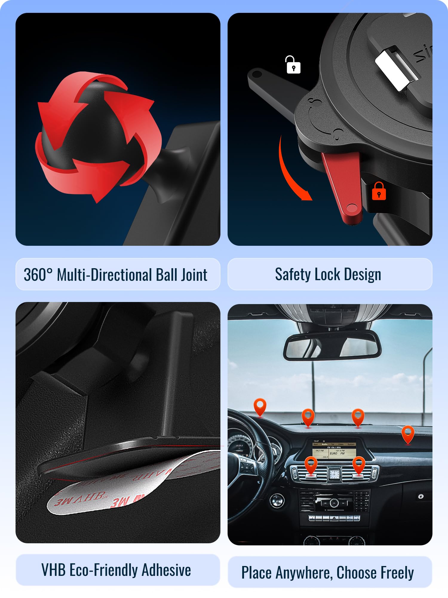 Sincetop Car Phone Mount With Instant Quick Release Series Q[Quad] - 360 Adjustable Dashboard Phone Holder, One-Second Detach, C