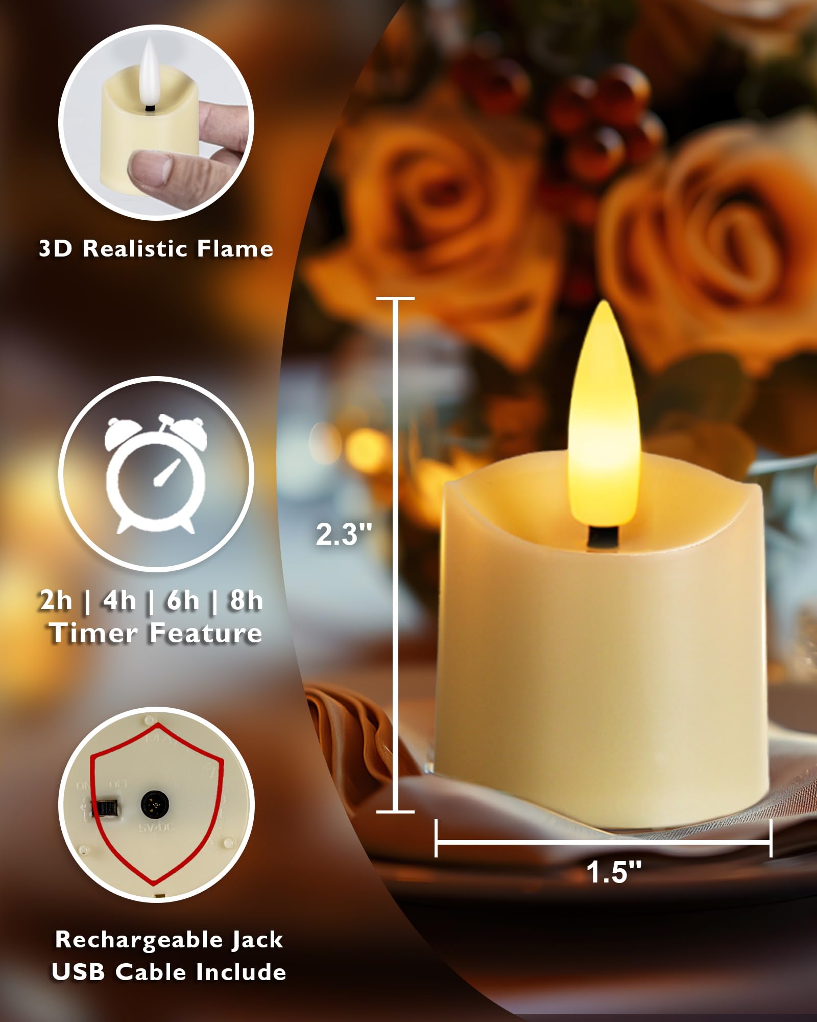 Homemory Rechargeable Flameless Candles, 2/4/6/8H Timer Led Votive Candles, 12 Pcs Battery Operated Tea Lights With Timer For Ta