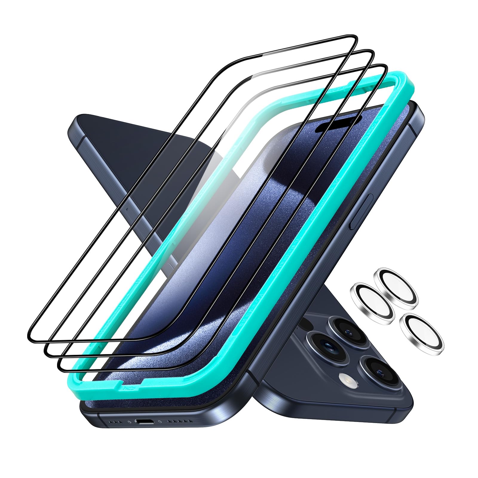 Esr 3+1 Pack Armorite Screen Protector Set For Iphone 15 Pro, Ultra Tough Tempered Glass, Easy Installation Frame, 3 Pack With 1