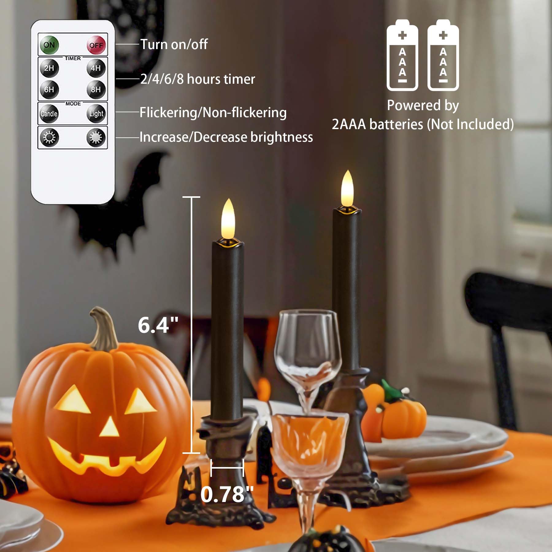 Yeelida Black Flameless Led Taper Candles With Remote Control, 0.78''X 6.4'' Long Lasting Plastic Battery Operated Flickering Sh