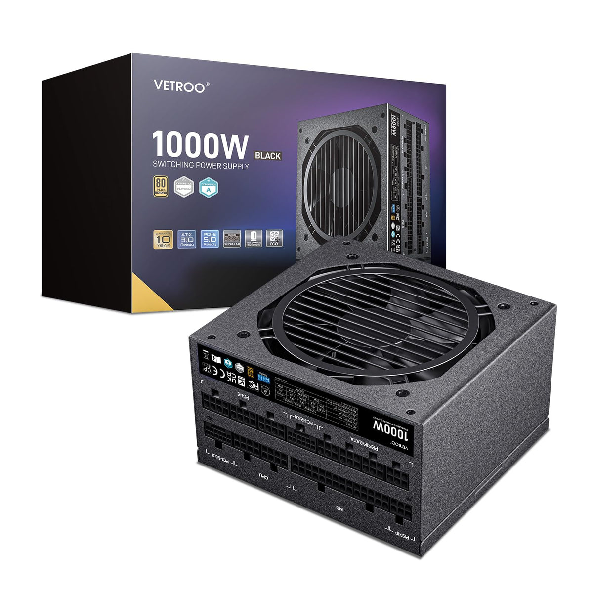 Vetroo 1000W Black Power Supply Atx 3.0 Ready Dual Pcie 5.0, 80 Plus Gold Full Modular, Compact Size, Japanese 105C Capacitors,