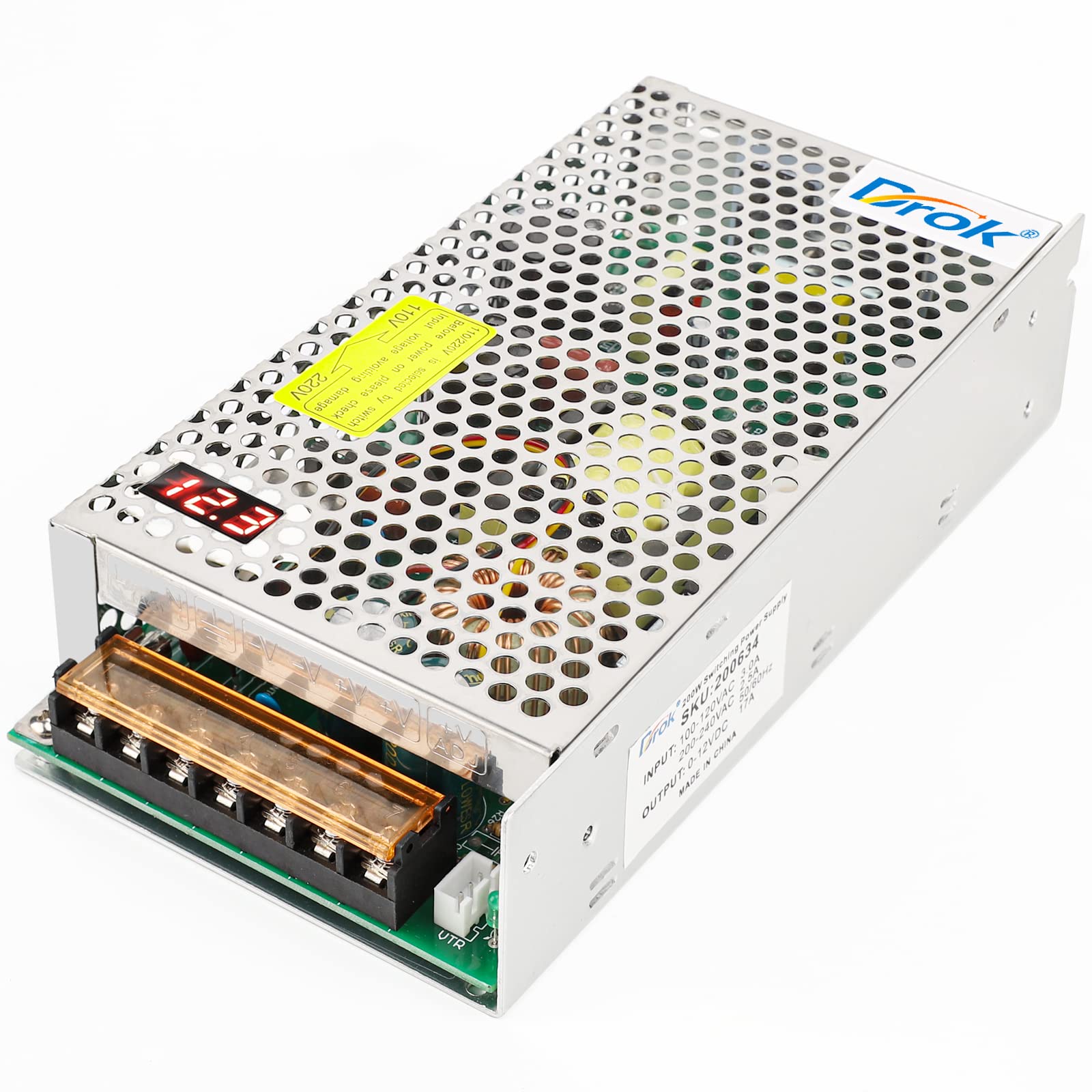 Drok 12V Power Supply, Ac 110V 220V To Dc 0 12V 17A 200W Buck Converter, Adjustable Variable Led Adapter Regulated 5V 9V 12V Vol