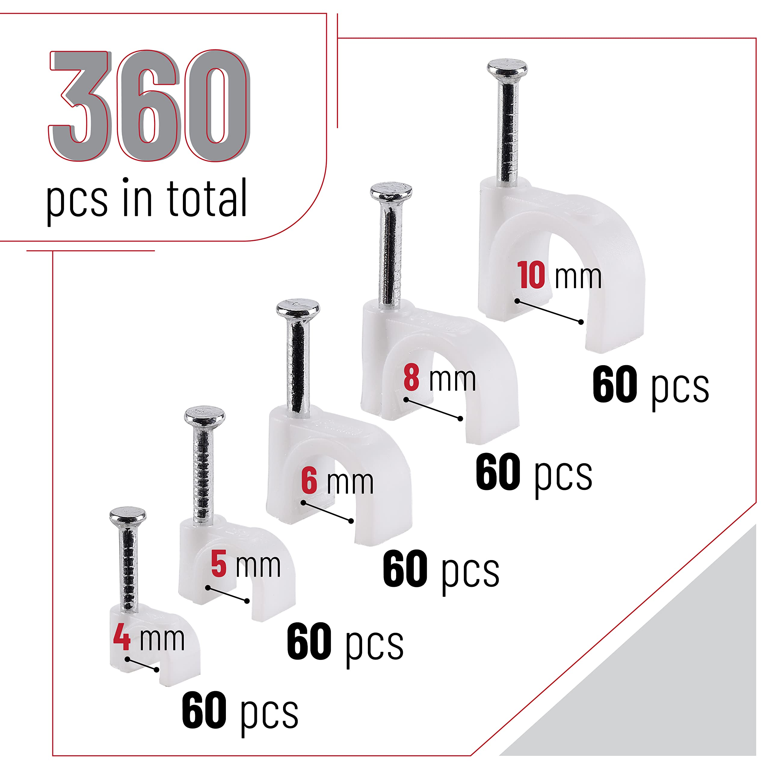 Bates Cable Clips - White Alloy Steel, 360 pcs, 4-10mm, Model CIR500, Universal Fit