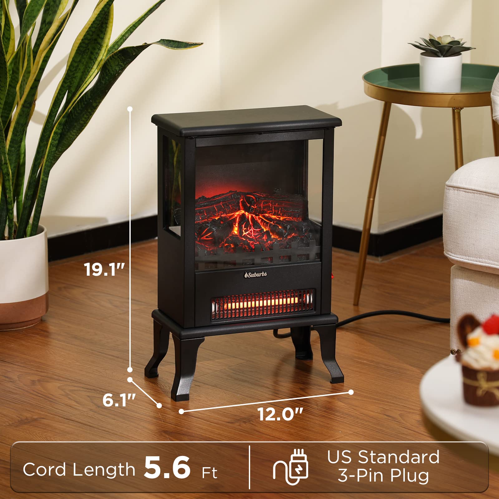 Turbro Suburbs Ts17Q Infrared Electric Fireplace Stove, 19'' Freestanding Stove Heater With 3 Sided View, Realistic Flame, Overh