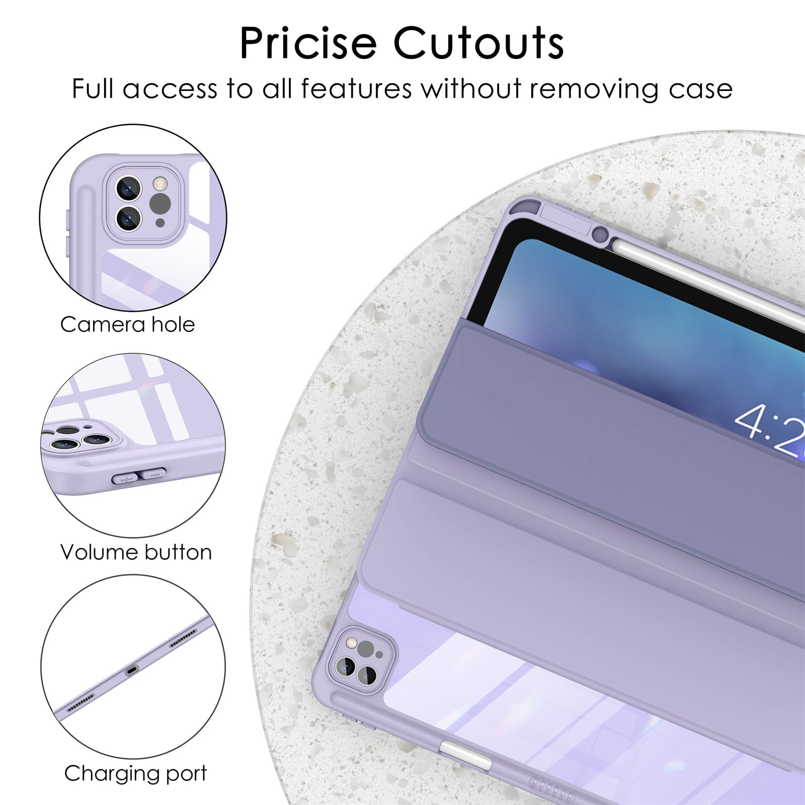 Soke Case For Ipad Air 13 M2 2024/Pro 12.9 (6Th/5Th/4Th Generation, 2022/2021/2020)   Pencil Holder+Auto Sleep/Wake+Camera Protection, Shockproof Back Cover For Ipad Pro 12.9 Inch, Gray Purple