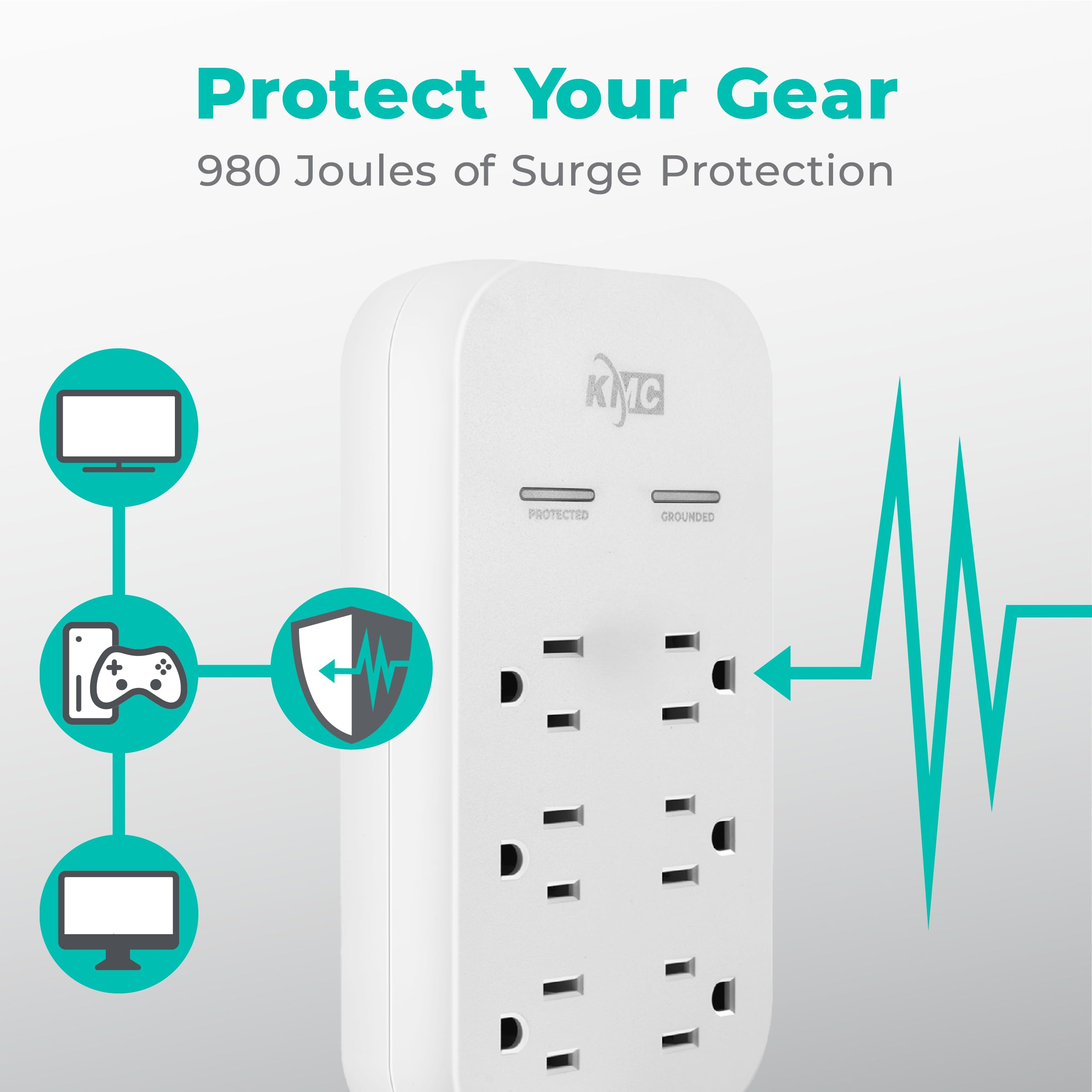 Kmc 6 Outlet Extender Usb C Pd Surge Protector Wall Tap, Multi Plug Usb Wall Charger, 2 Usb A Ports & Usb C 20W Power Delivery, High Speed Phone Charger, 980J Surge Protection, Ul/Etl Certified, White