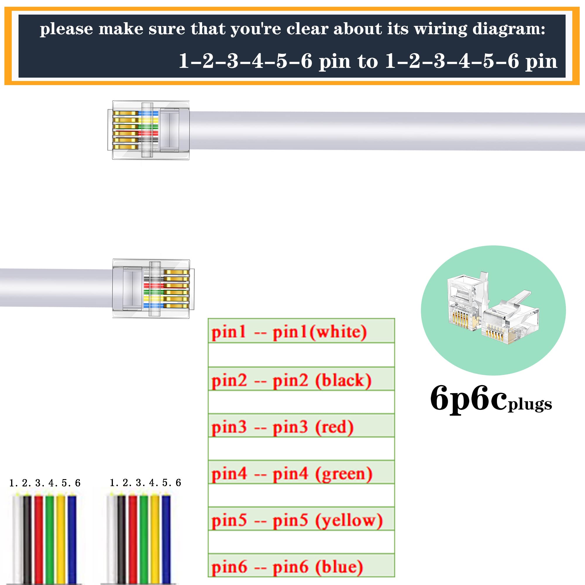 Lansensu Rj12 Cable Phone Cord Rj12 6P6C Male To Male Straight Wired For Both Data And Voice Use   2Pack (White, 6.6Ft)