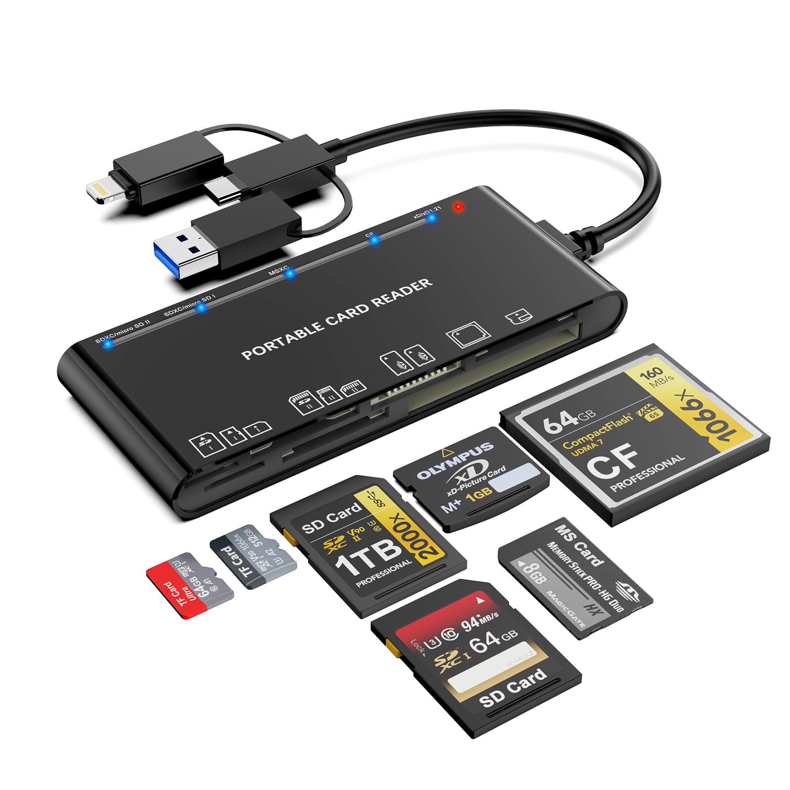 Multi Card Reader For Sd/Micro Sd/Tf/Xd/Cf/Ms   7 In 1 Memory Card Reader With Lightning, Type C, And Usb A Connectors For Windows, Mac, Android, Iphone/Ipad