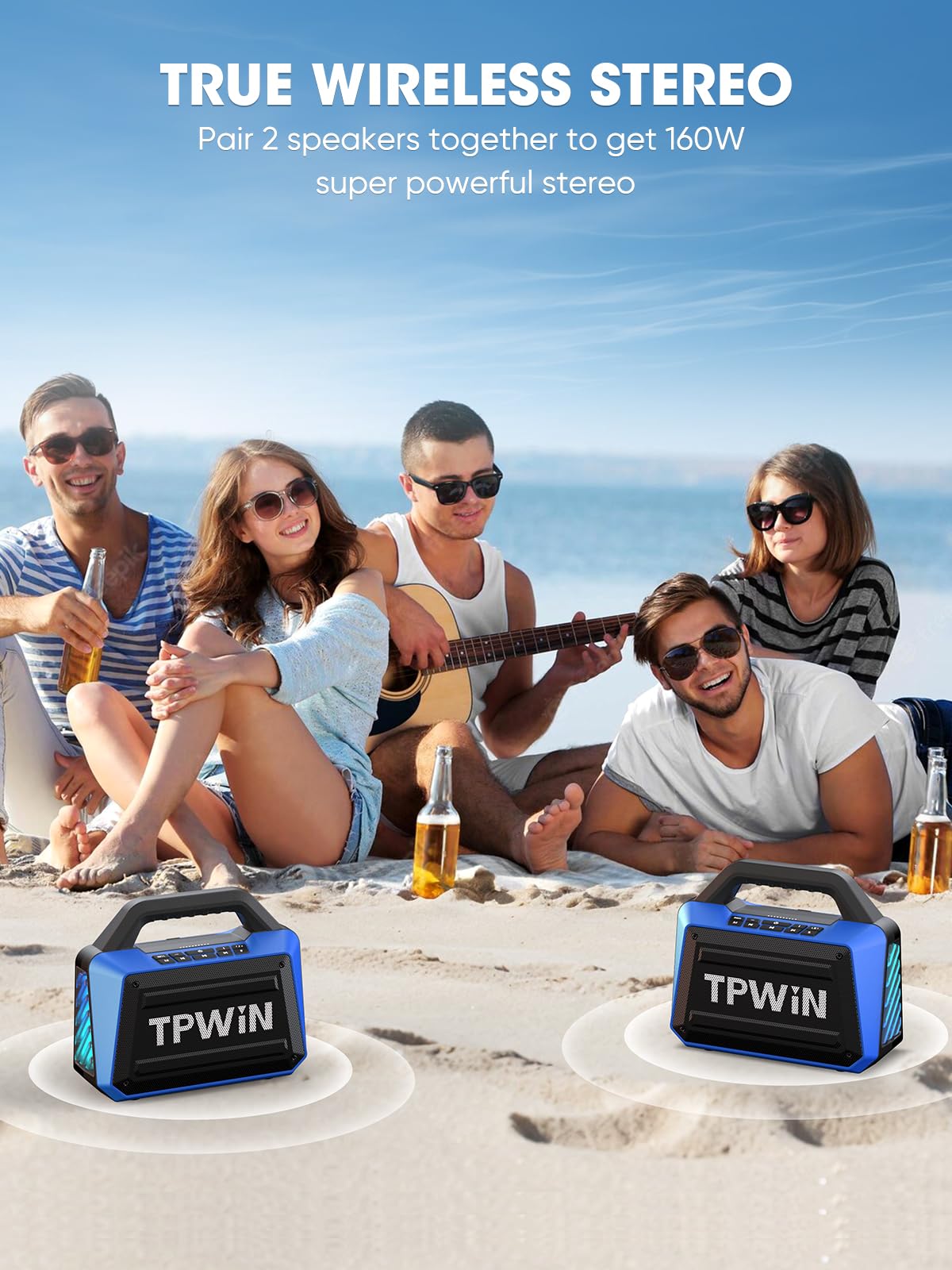 Tpwin Portable Bluetooth Speakers Loud - Wireless Speaker 80W Peak, Light Show, 20H Playtime, Strong Bass, Bt 5.3, Tws, Ipx6 Wat