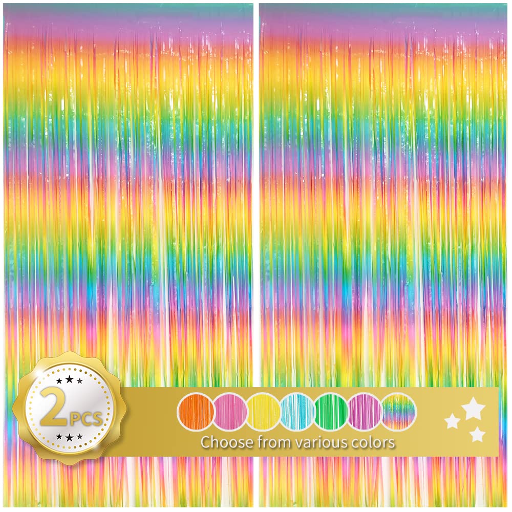 Beishida 2 Pack Light Rainbow Foil Fringe Curtain Assorted Colorful Tinsel Metallic Curtains Photo Backdrop For Birthday Party W