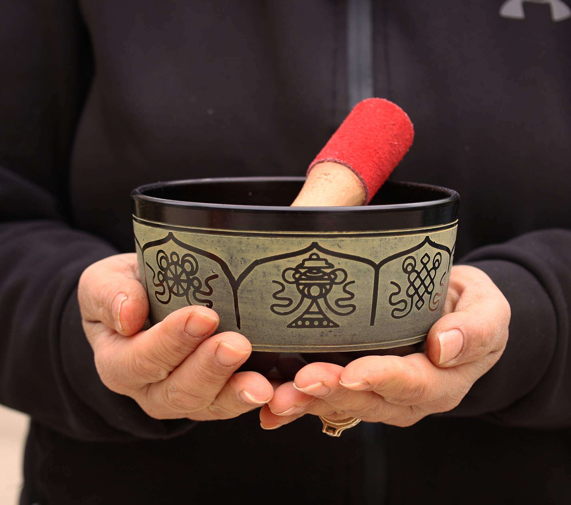 Dharmaobjects Tibetan Meditation 8 Lucky Symbols Singing Bowl Mallet Mat Cushion Set (5 Inches, 8 Lucky Symbols)