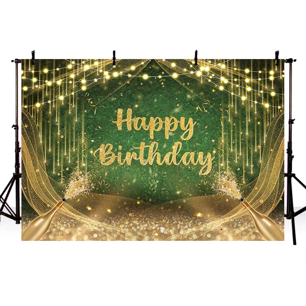 Aibiin 7X5Ft Green Gold Birthday Backdrop Happy Birthday Photography Background Gold Glitter Birthday Prom Party Decorations Ban