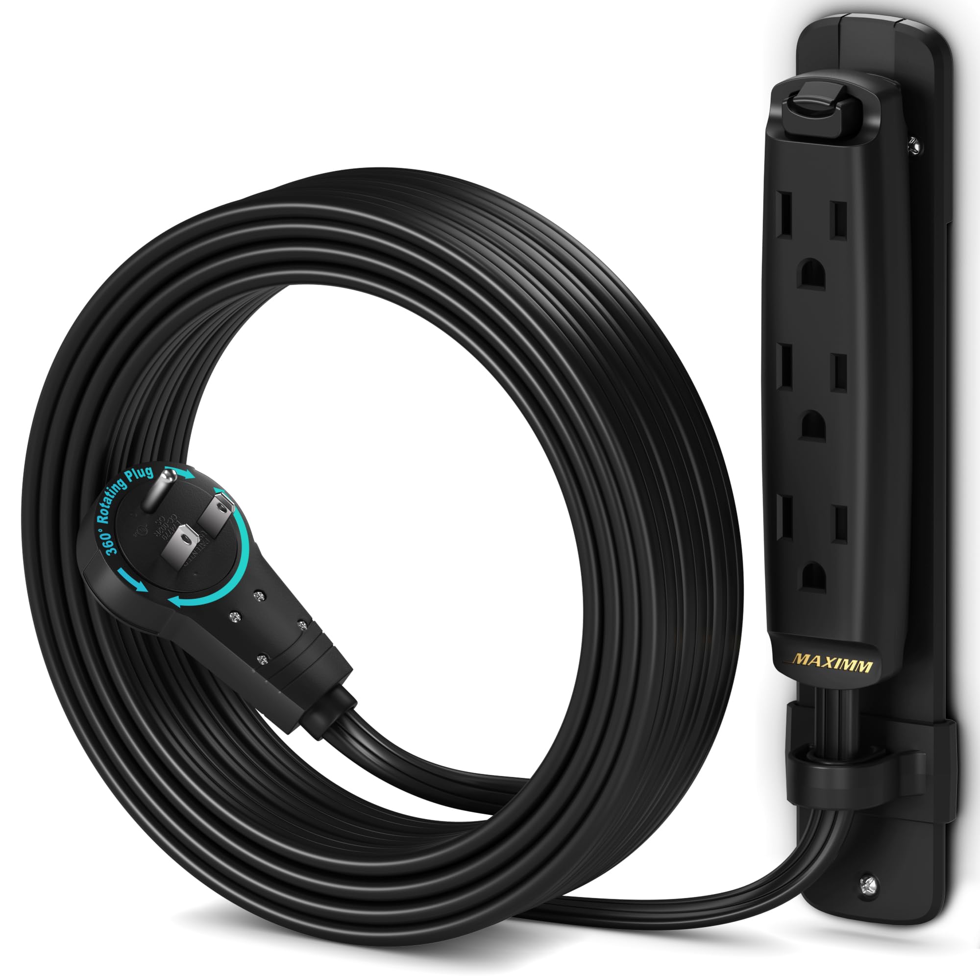 Maximm 360 Degree Rotating Flat Extension Cord 10 Ft Multi 3 Outlet Power Cord With Mounting Bracket, Grounded 16 Awg Ul Certifi