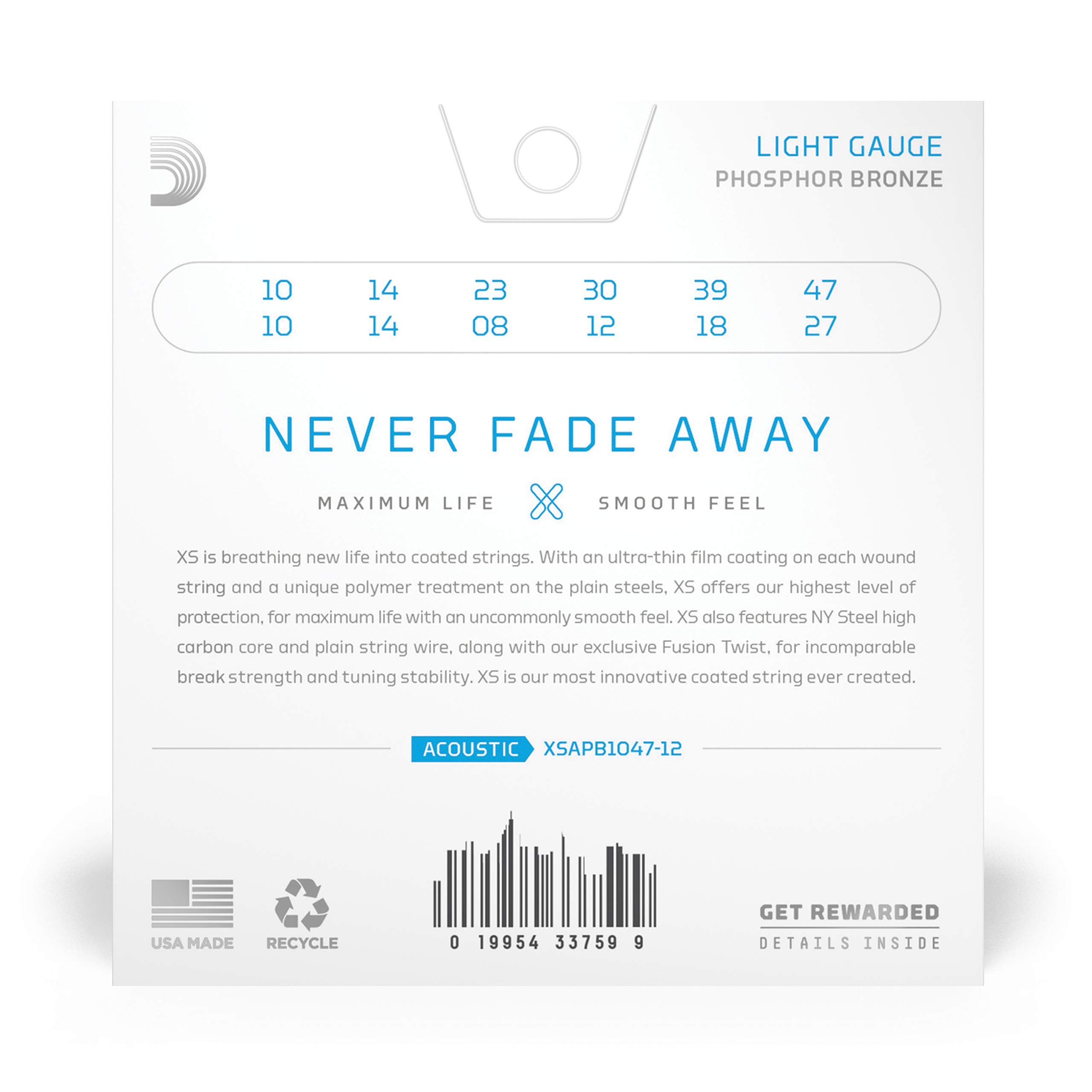 Daddario Acoustic Guitar Strings, Xs Phosphor Bronze Coated, Xsapb1047, Light Gauge 10-47, 12-String Set, Pack Of 1