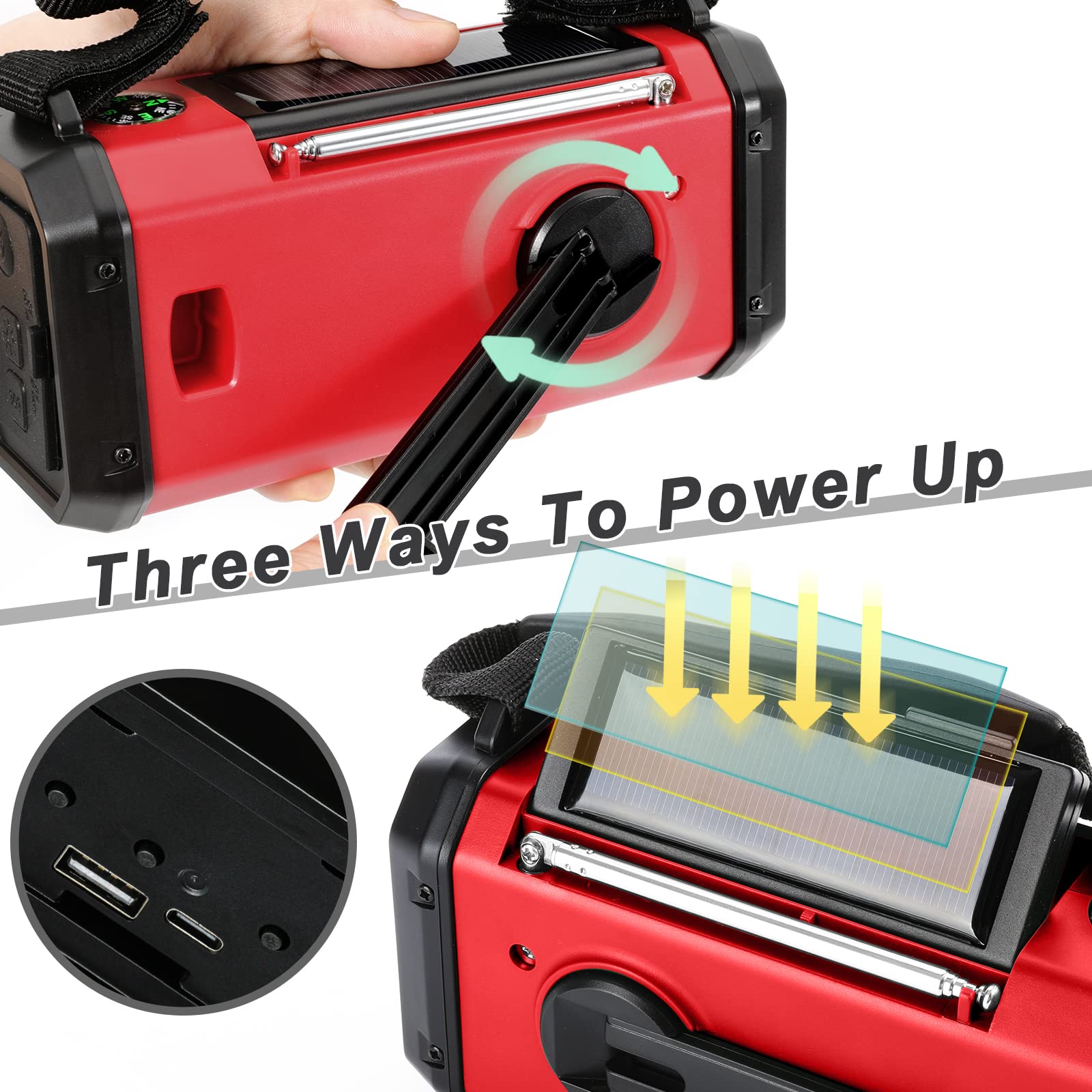 Emergency Radio,10000Mah Solar Radio, Hand Crank Radio, Noaa/Am/Fm Weather Radio, Usb Type C Charging,Dynamo Radio,Polymer Batte