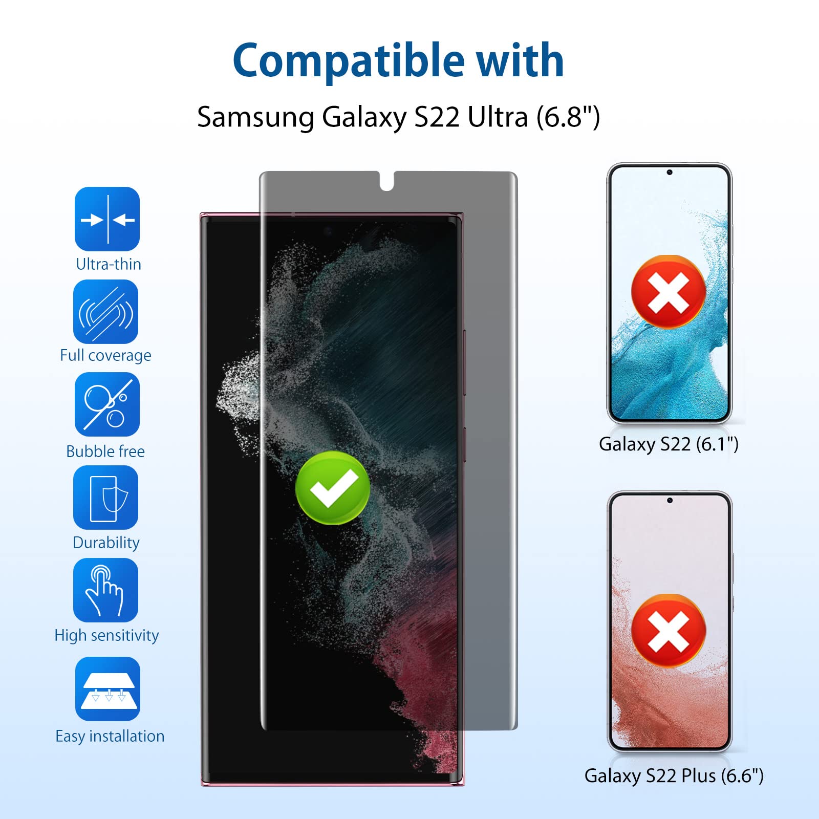 Phisimoo For Samsung Galaxy S22 Ultra Privacy Screen Protector, Anti Spy Flexible Tpu Film [2 Pack], Support Fingerprint Unlock,