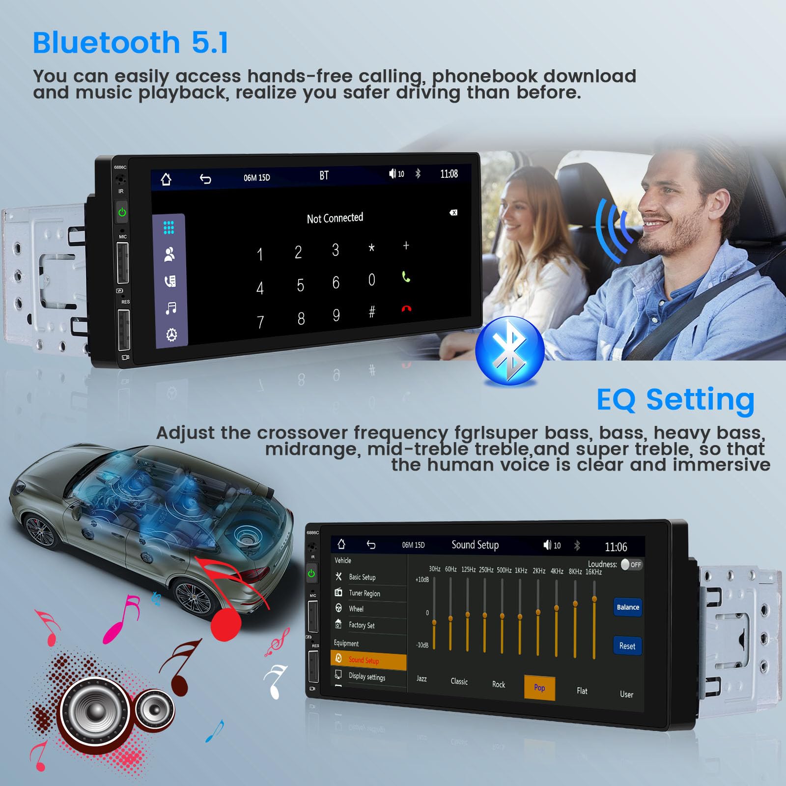 Hikity 6.9 Inch Wireless Apple Carplay Car Stereo Single Din Touch Screen Bluetooth Car Radio With Android Auto Mirror Link Eq,