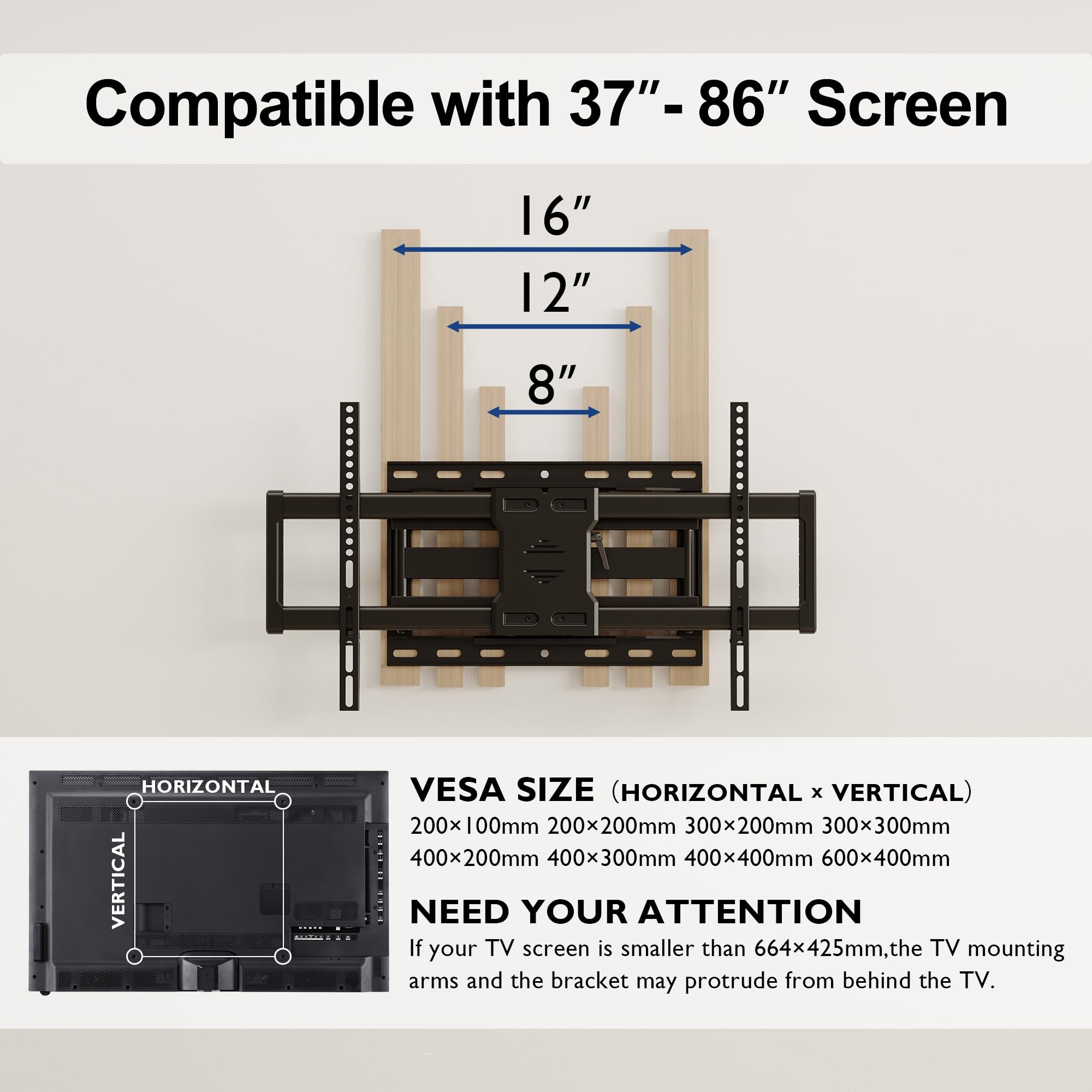 Bontec Full Motion Tv Wall Mount For 37 86 Inch Tvs Hold Up To 144Lbs, Swivel & Tilt Tv Mount Extendable Double Arm Fits 16'' St