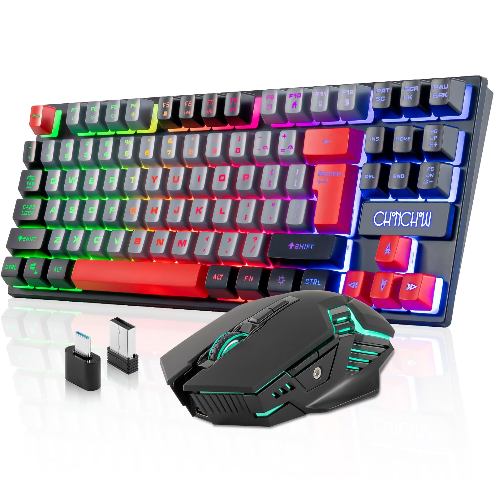 Chonchow Rechargeable Wireless Keyboard And Mouse Combo Gaming Set,Red/Black/Grey Colored Led Rgb Backlit 2500+500Mah Battery 32