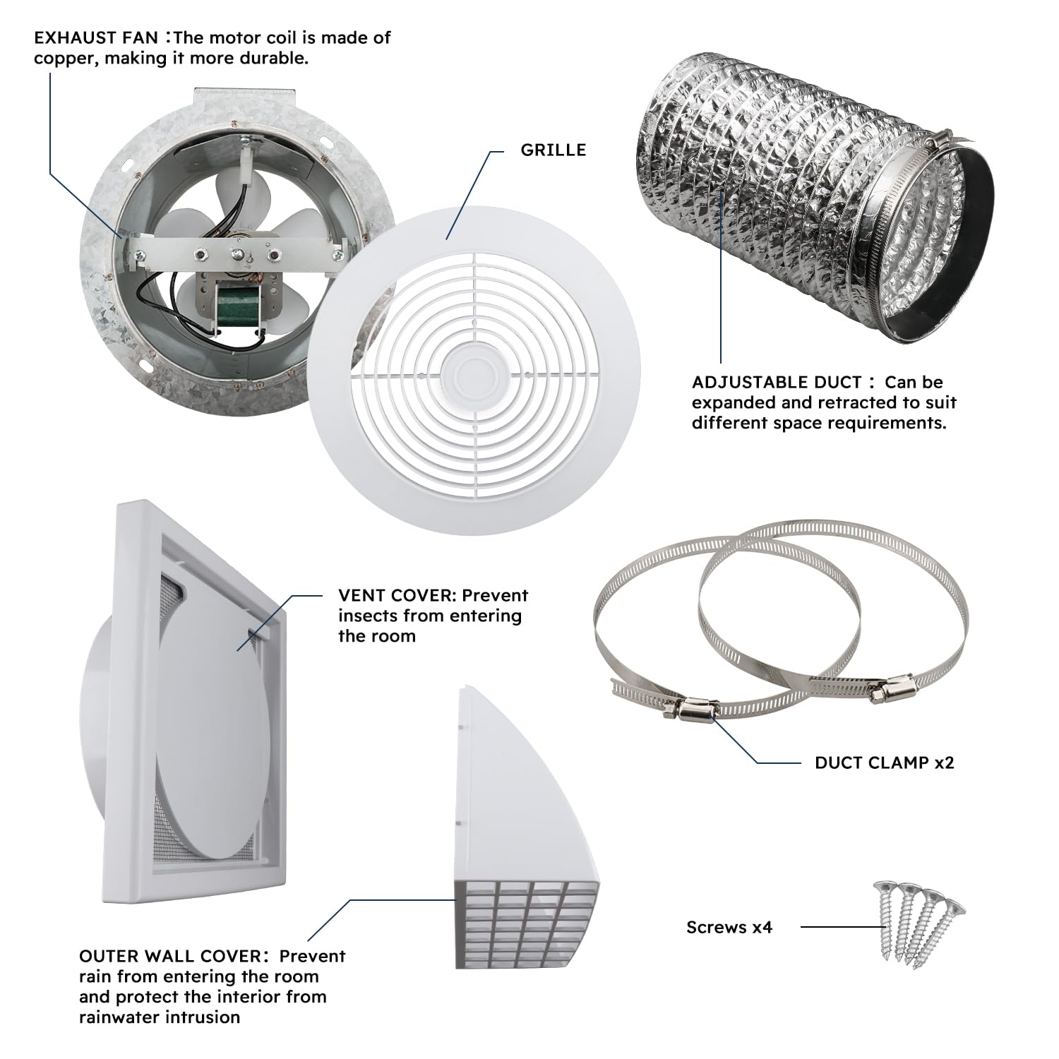 Quini 6-inch Bathroom Ventilation Exhaust Fan, 80 CFM, 4.0 Sones, Metal, White, Model K1