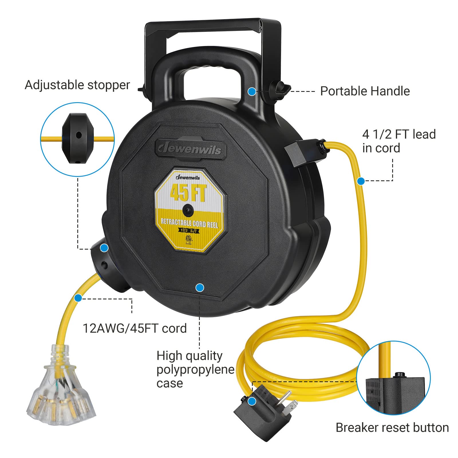 Dewenwils 45Ft Retractable Extension Cord Reel, Wall/Ceiling Mountable Electrical Cord Reel With Lighted Triple Outlets, 12/3 Sj