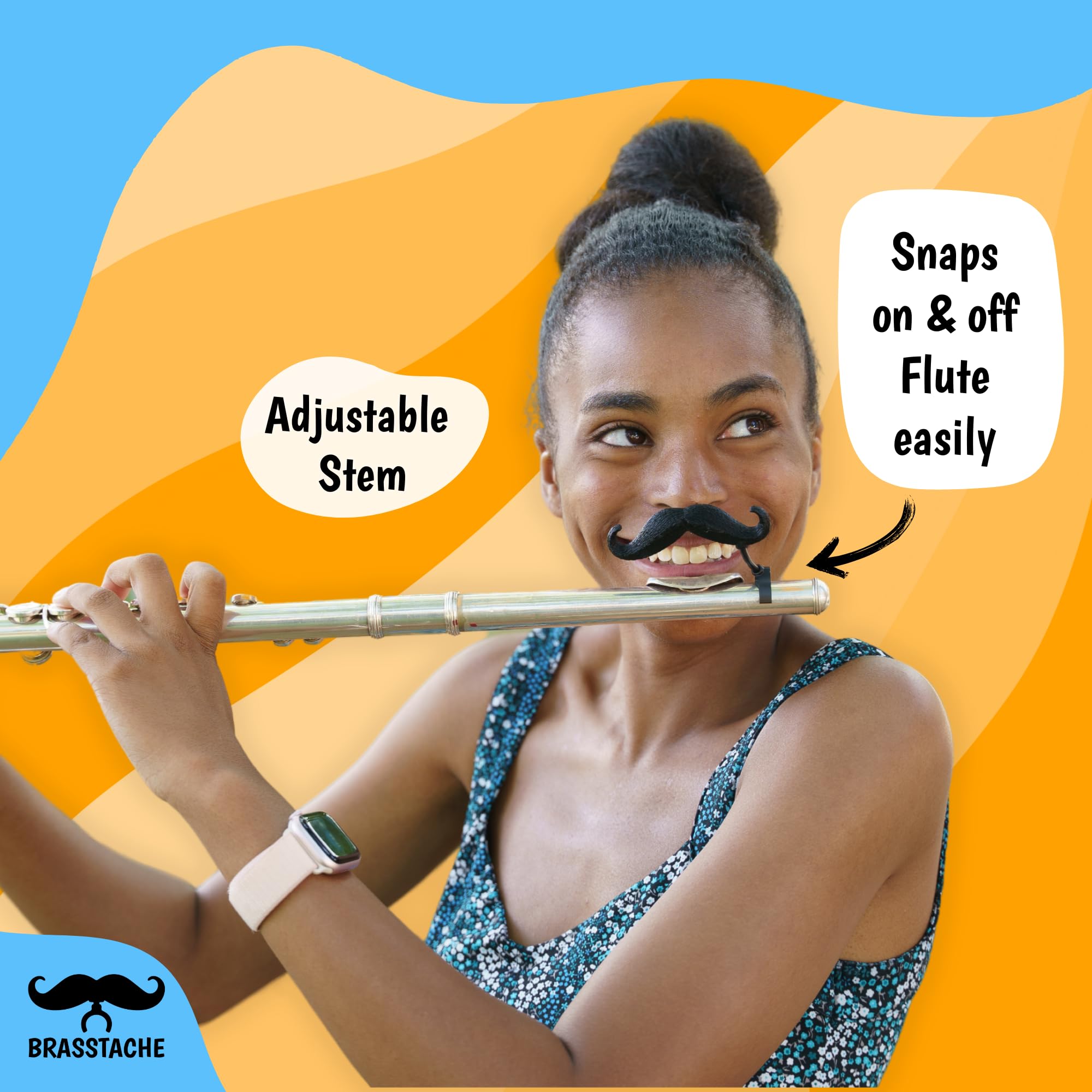 The Original Flute-Stache 2.0 - [2-Pack] Clip-On Mustache For Flute, Xl And Handlebar Combo Version, By Brasstache
