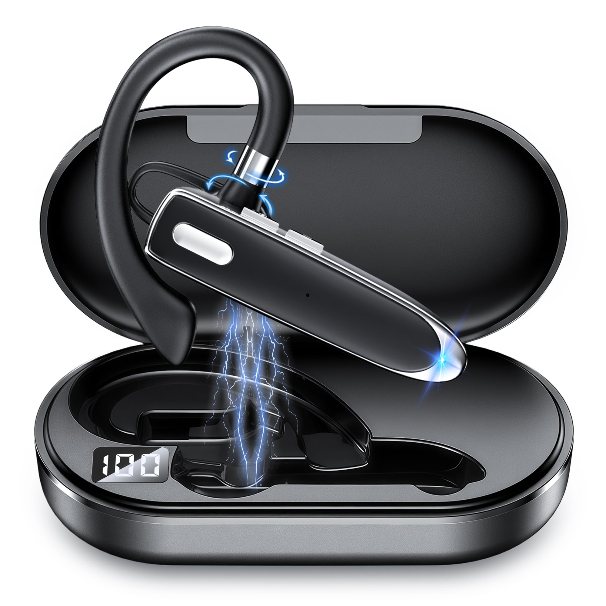 Bluetooth Headset V6.1 with 90Hrs Talk Time & 500mAh Charging Case, CVC 8.0 ENC Noise Cancelling Mic  Wireless Earpiece Single 