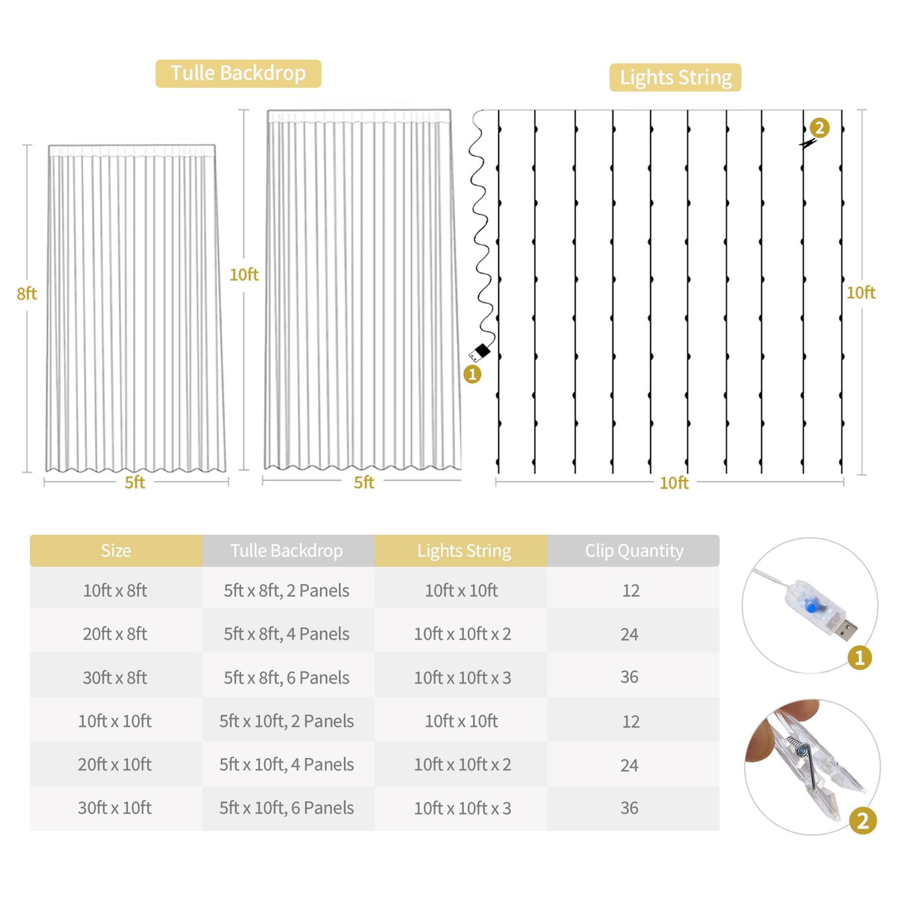 10Ft X 10Ft White Sheer Tulle Backdrop Curtains With Lights String For Party Wedding Wrinkle Free Curtain Backdrops Drapes For B