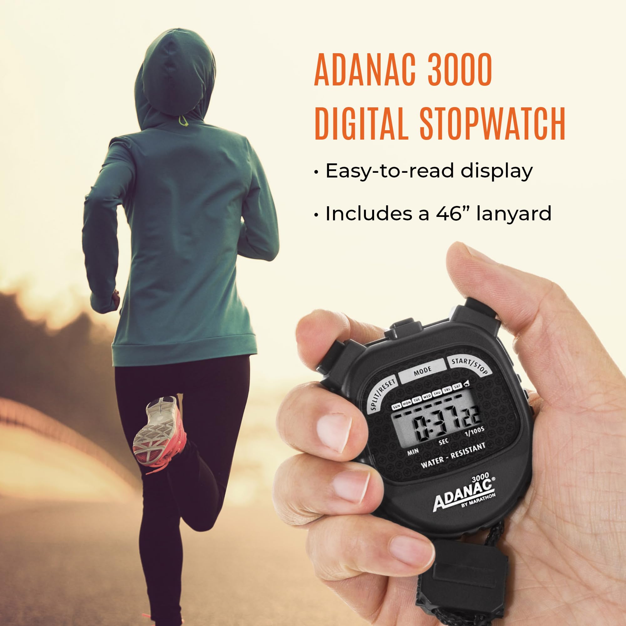 Marathon Adanac 3000 Digital Stopwatch Timer, Black   High Precision Accuracy To 1/100Th Seconds   Water, Dust & Shock Resistant   46� Lanyard Included