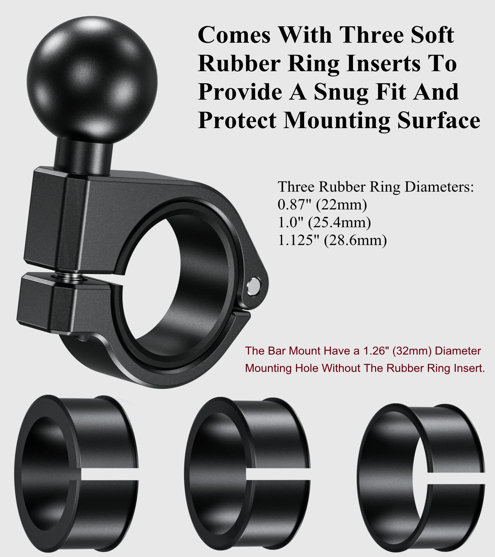 Brcovan Aluminum Alloy Handlebar Clamp Mount Base With 1'' Tpu Ball, Fit On 0.875''/1''/1.125''/1.26'' Round Rails, Compatible With Ram Mounts B Size 1 Inch Ball Double Socket Arm