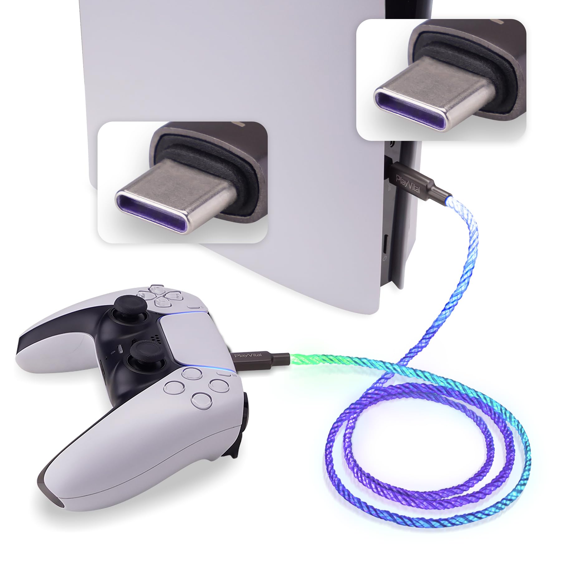 Playvital 6.56Ft Illuminated Charging Cable For Ps5 For Ps5 Edge Controller, Type C To C Charging Cord For Gamepad, Universal Le