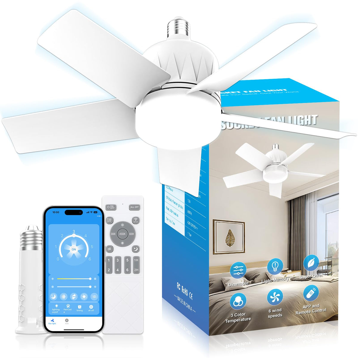Jofios Socket Ceiling Fans With Lights And Remote/App Control Socket Fan Light With Dimmable,3Cct,1300 Lumens Light Bulb,Screw I