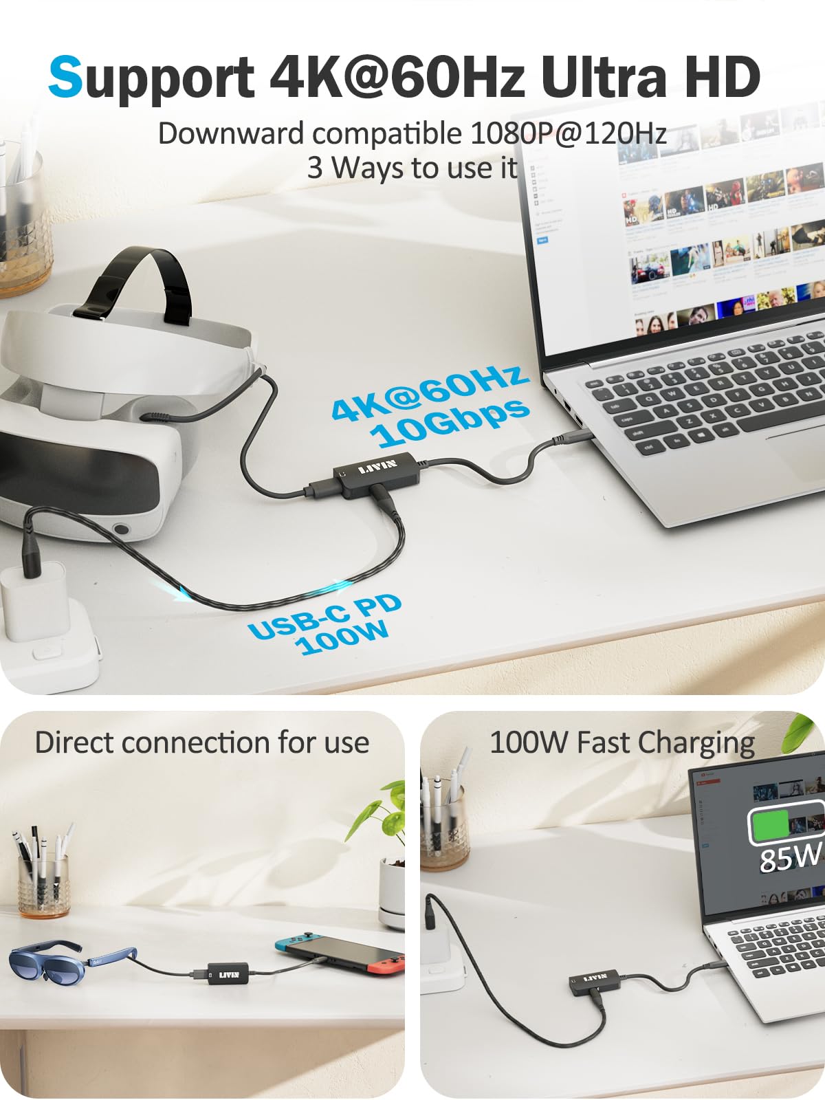 Livin Ar Glasses Adapter, Usb C To Xreal/Rokid/Viture/Rayneo, 2 In 1?4K@60Hz+Charger 100W?, Plug & Play, Aluminum Shell, For Iph