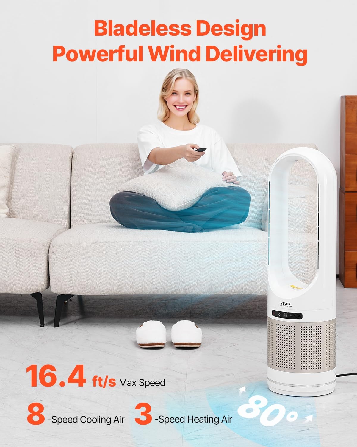 Vevor Tower Fan Bladeless, 16.4Ft/S Velocity Floor Fan That Blows Cold Air, 80 Oscillating 8-Speed Fans, 8H Timer, Standing Fans