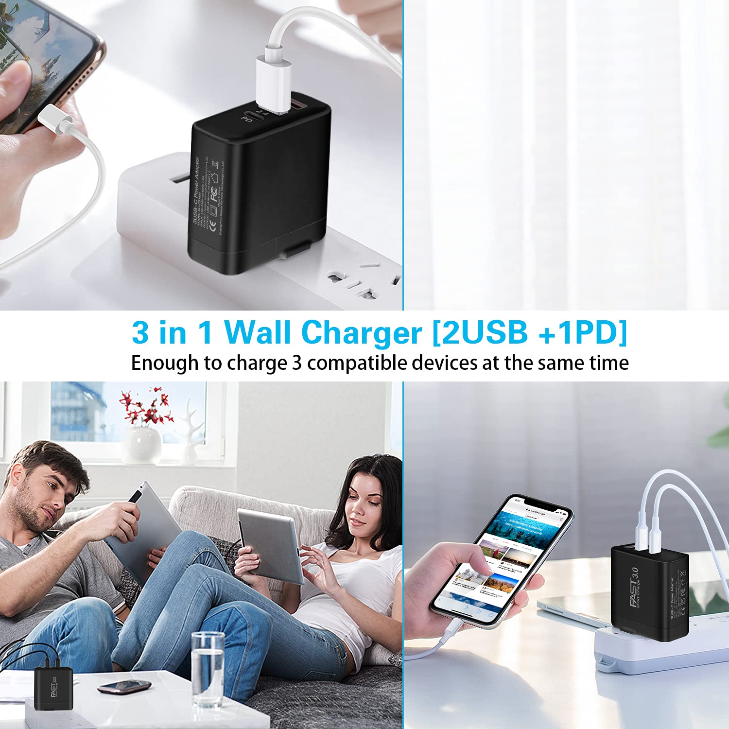 Usb C Charger 2Pack, Iseekerkit 30W 3 Port Fast Type C Wall Charger Block With Pd 3.0 + 5V/2.4A Foldable Usb C Charging Block Pl